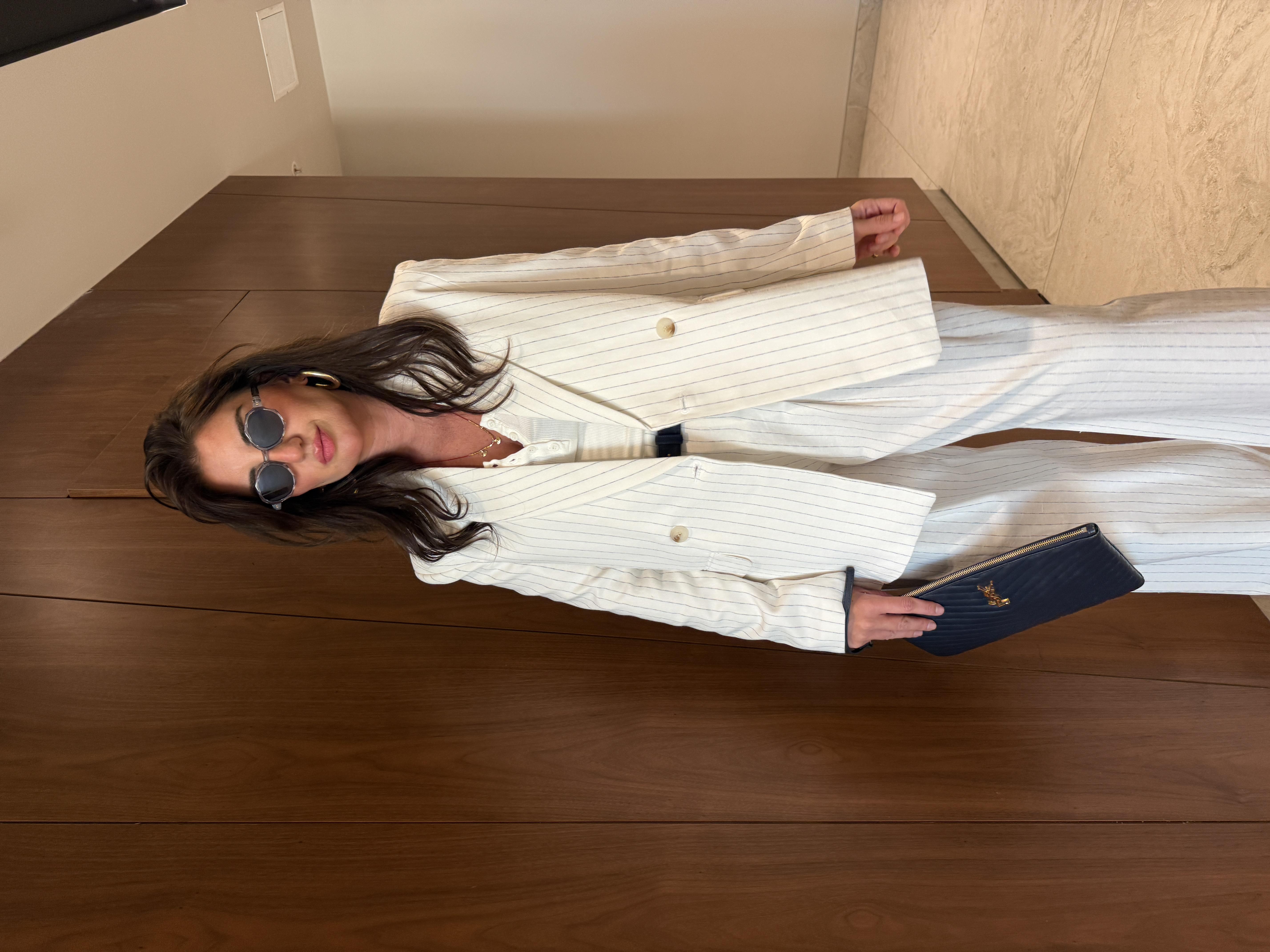 %100 Keten , Lacivert Çizgili , Blazer & Pantolon Takım