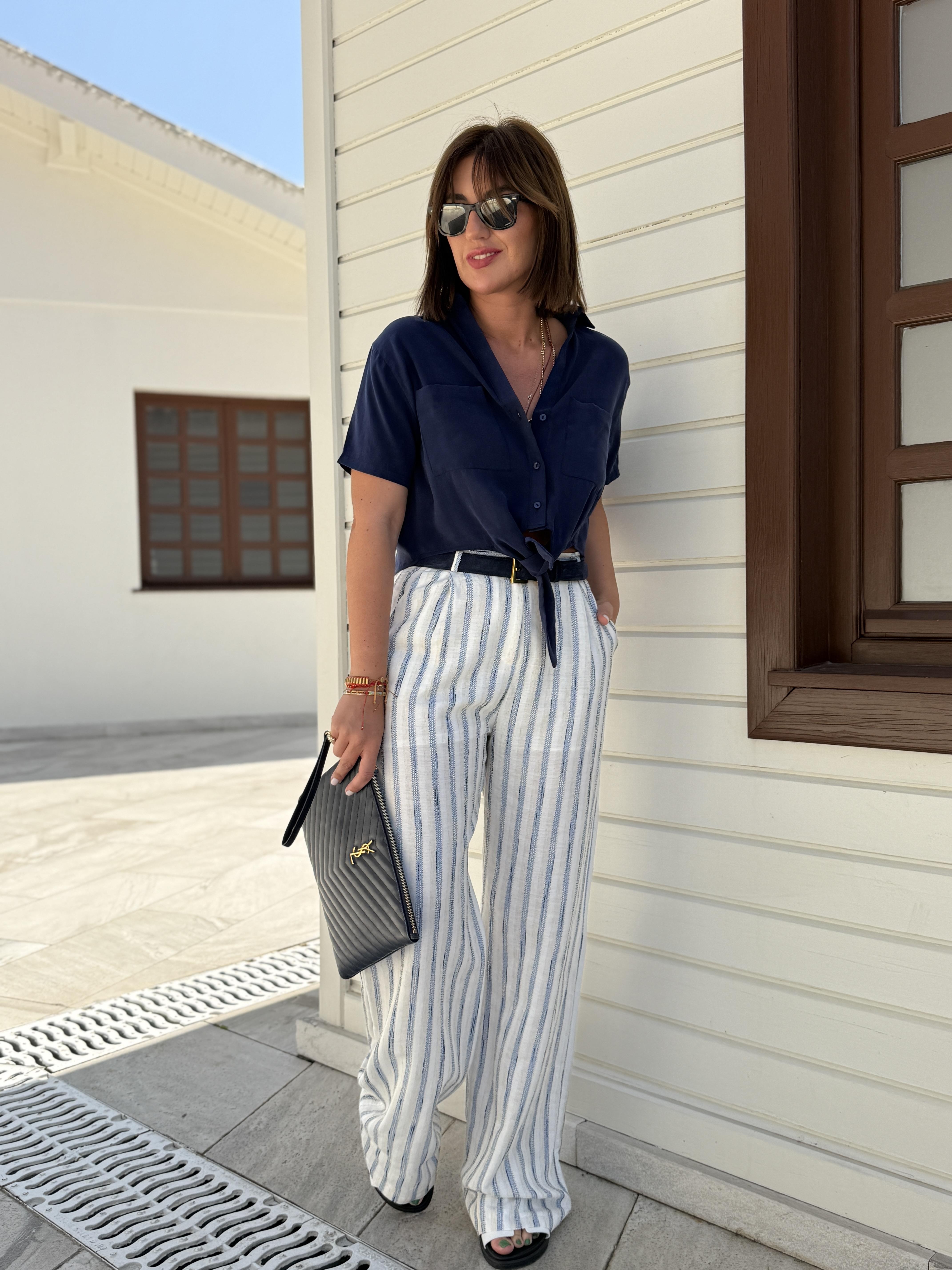 Lacivert Çizgili , Dokulu , Ekru Keten Palazzo Pantolon