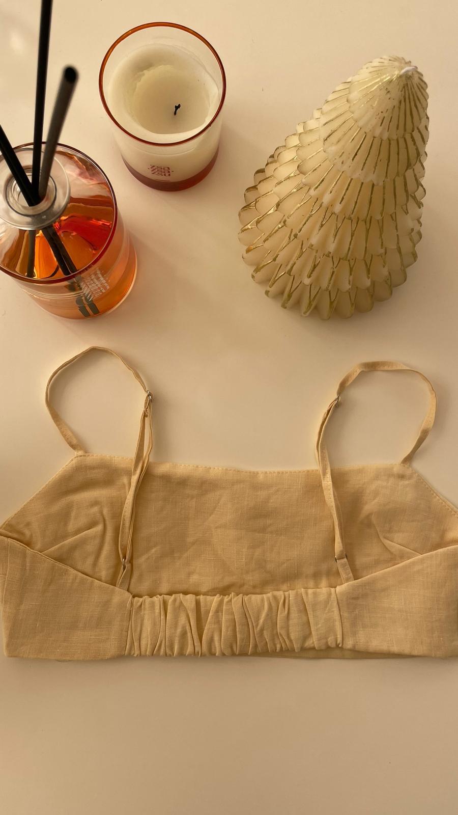 %100 İthal Keten , Butter Yellow , Çift Kat Askılı Bluz