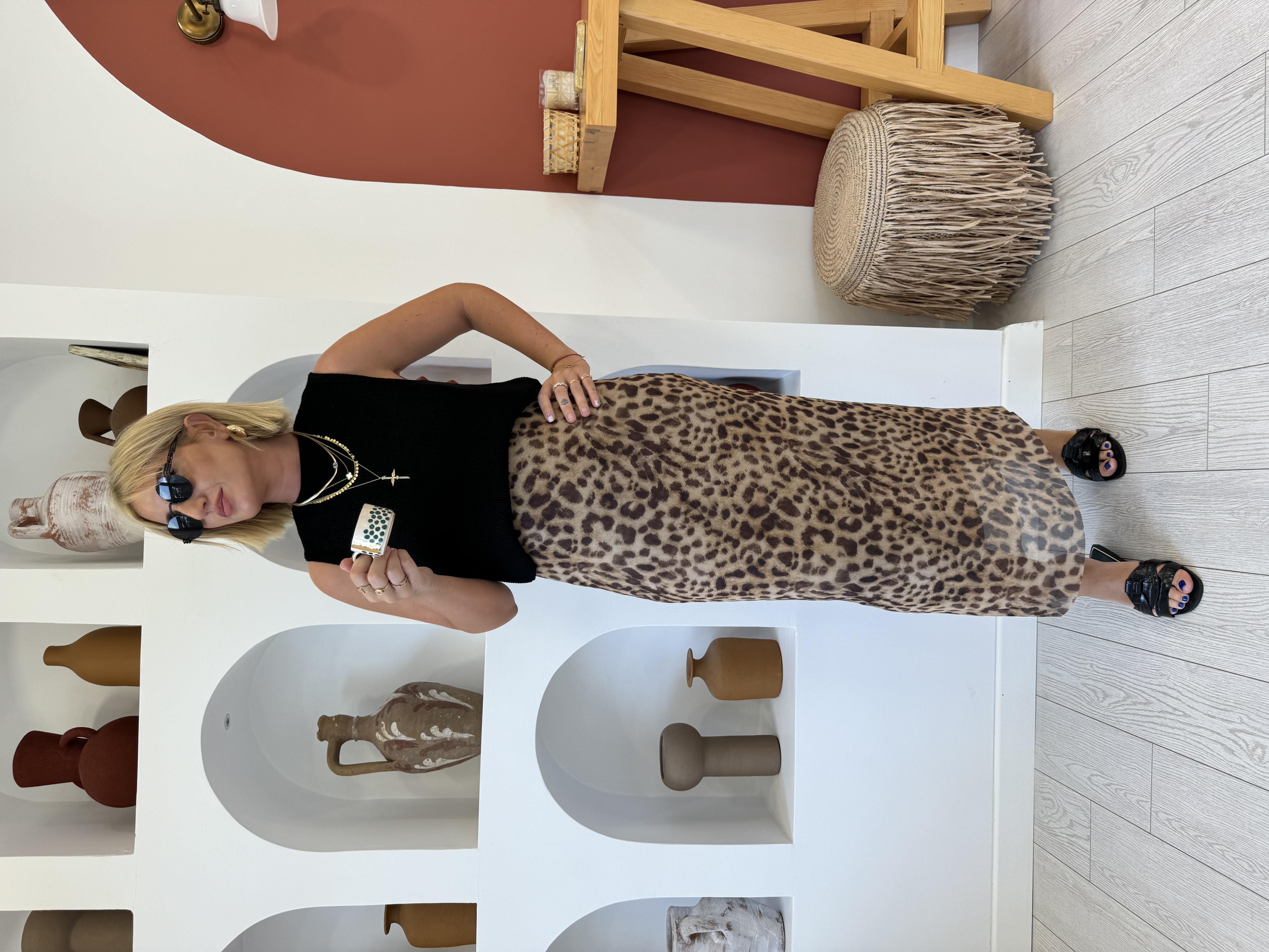 Komple Likralı Üzeri Tül Leopar Etek