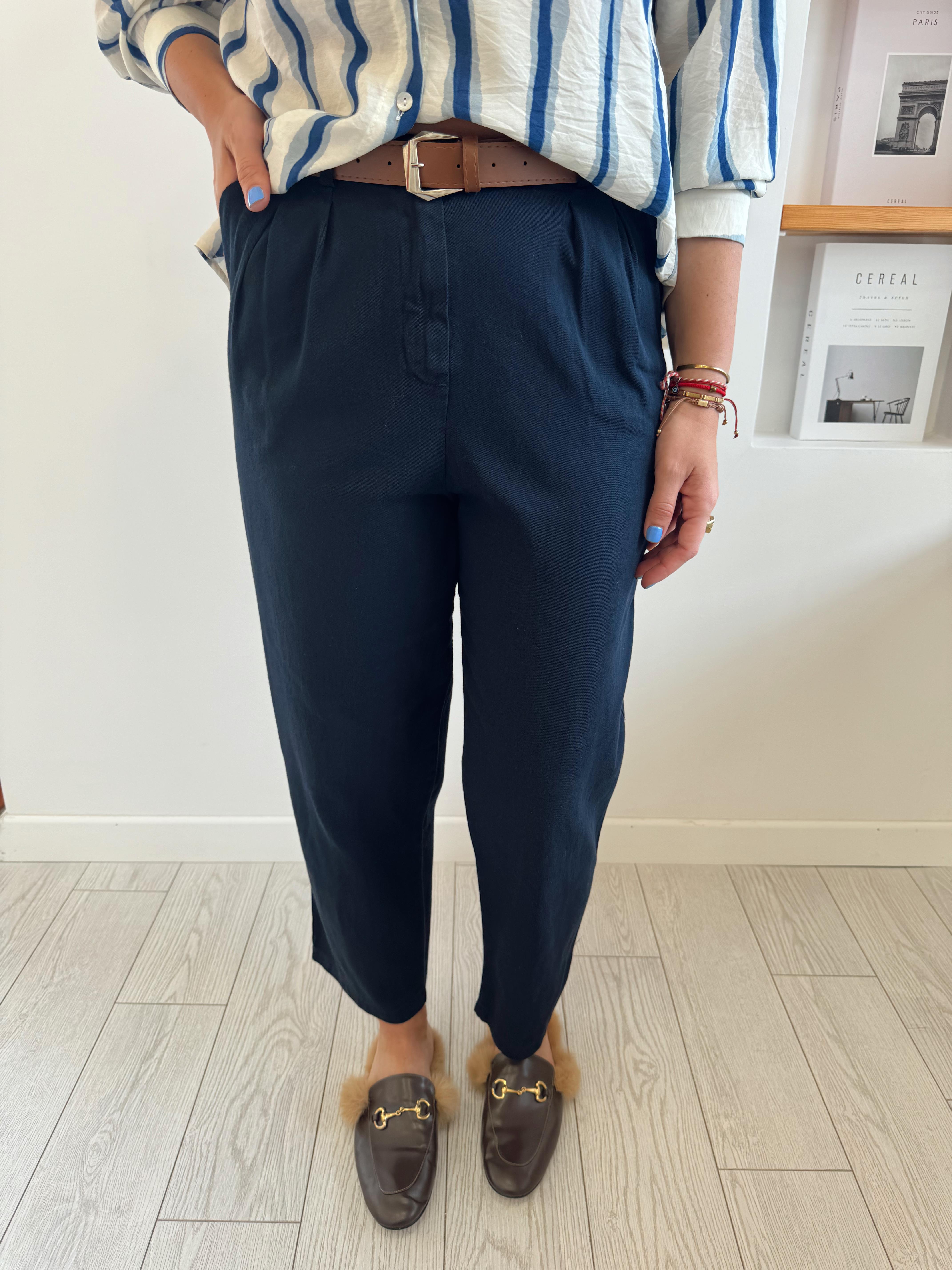 Taba Kemerli Lacivert Gabardin Pantolon