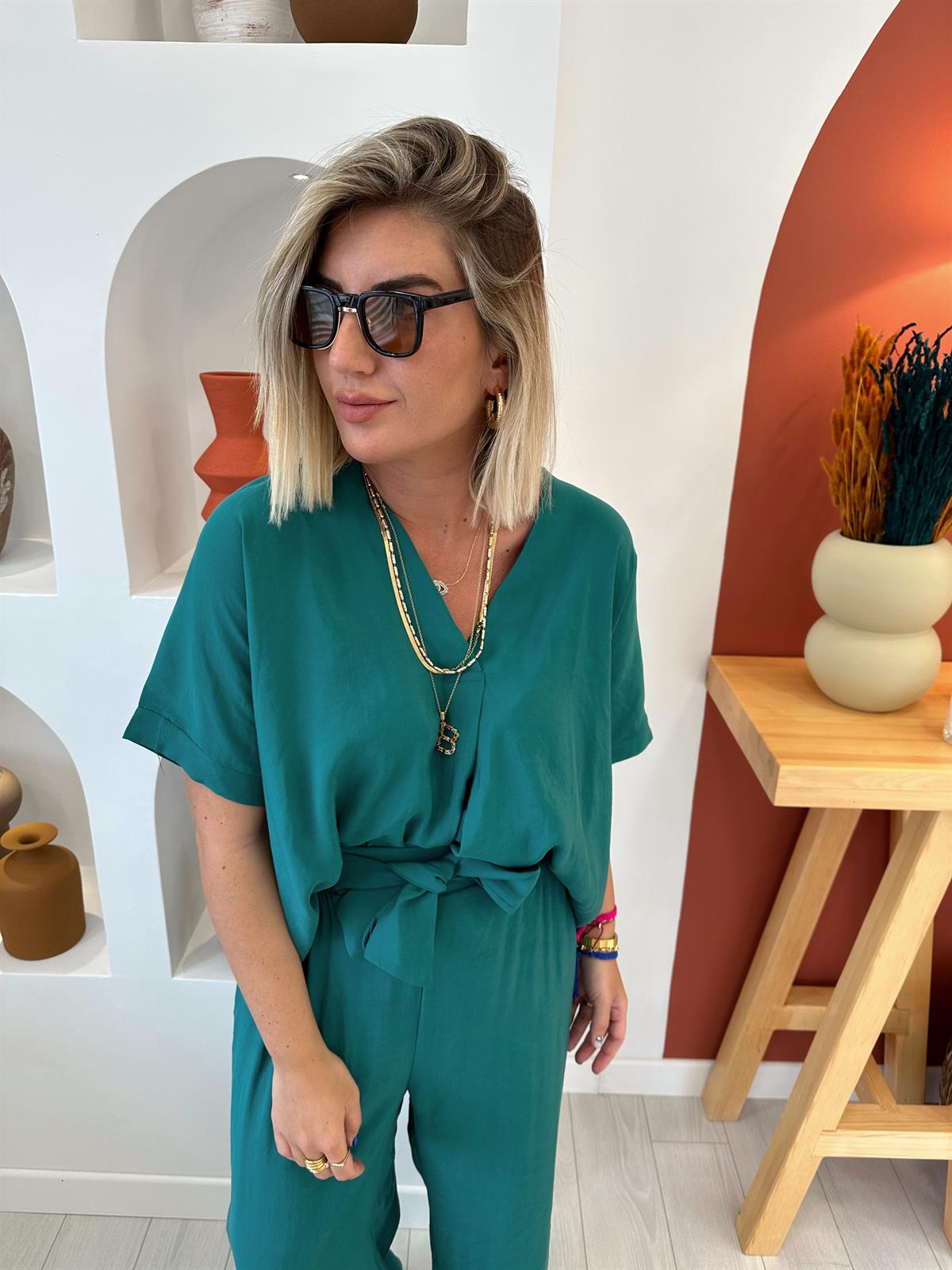 Tencel Kumaş Yeşil Bluz & Palazzo Pantolon Takım | Begüm Mayda Boutique