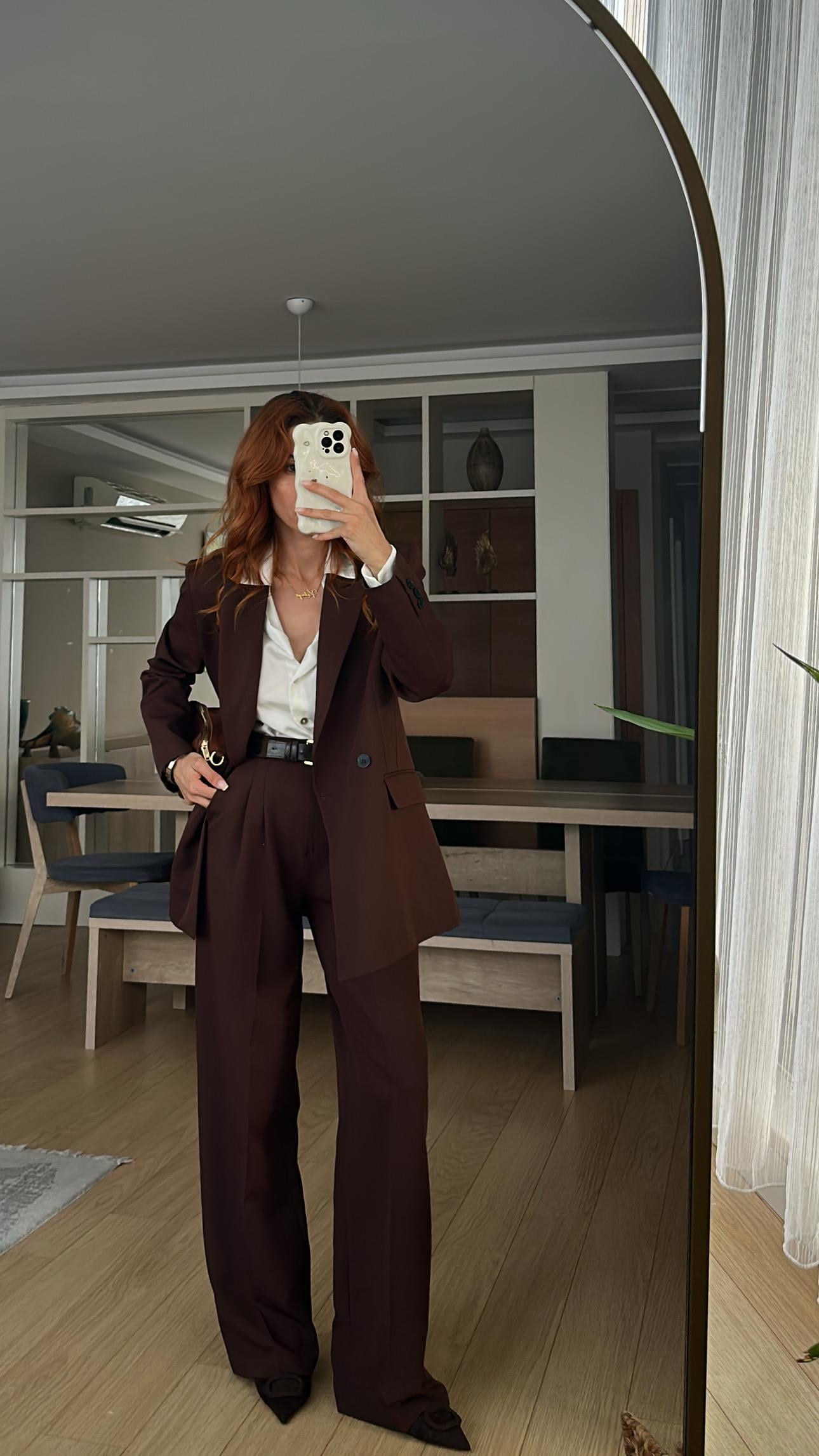 ACI KAHVE PİLE DETAY PALAZZO PANTOLON  OVERSİZE  ASTARLI CEKET TAKIM ELBİSE 