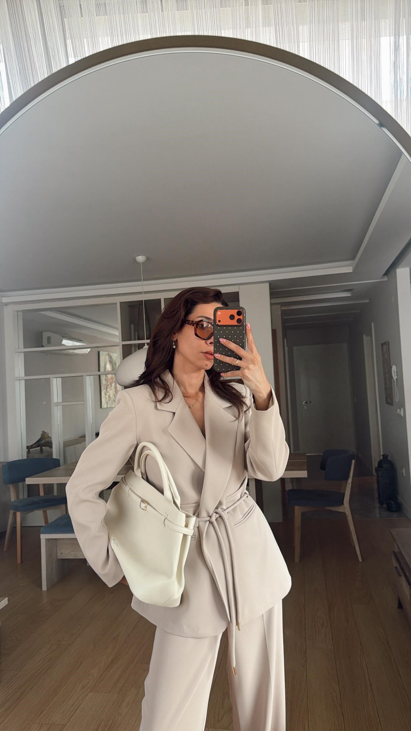 Açık Nude  Bağlamalı Ceket Bel Lastik Pantolon Takım Elbisei1