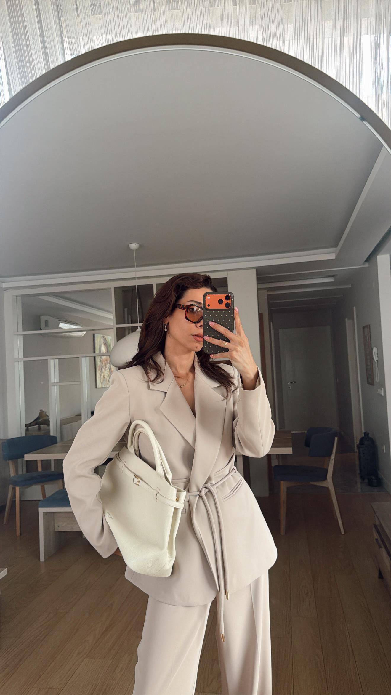 Açık Nude  Bağlamalı Ceket Bel Lastik Pantolon Takım Elbisei
