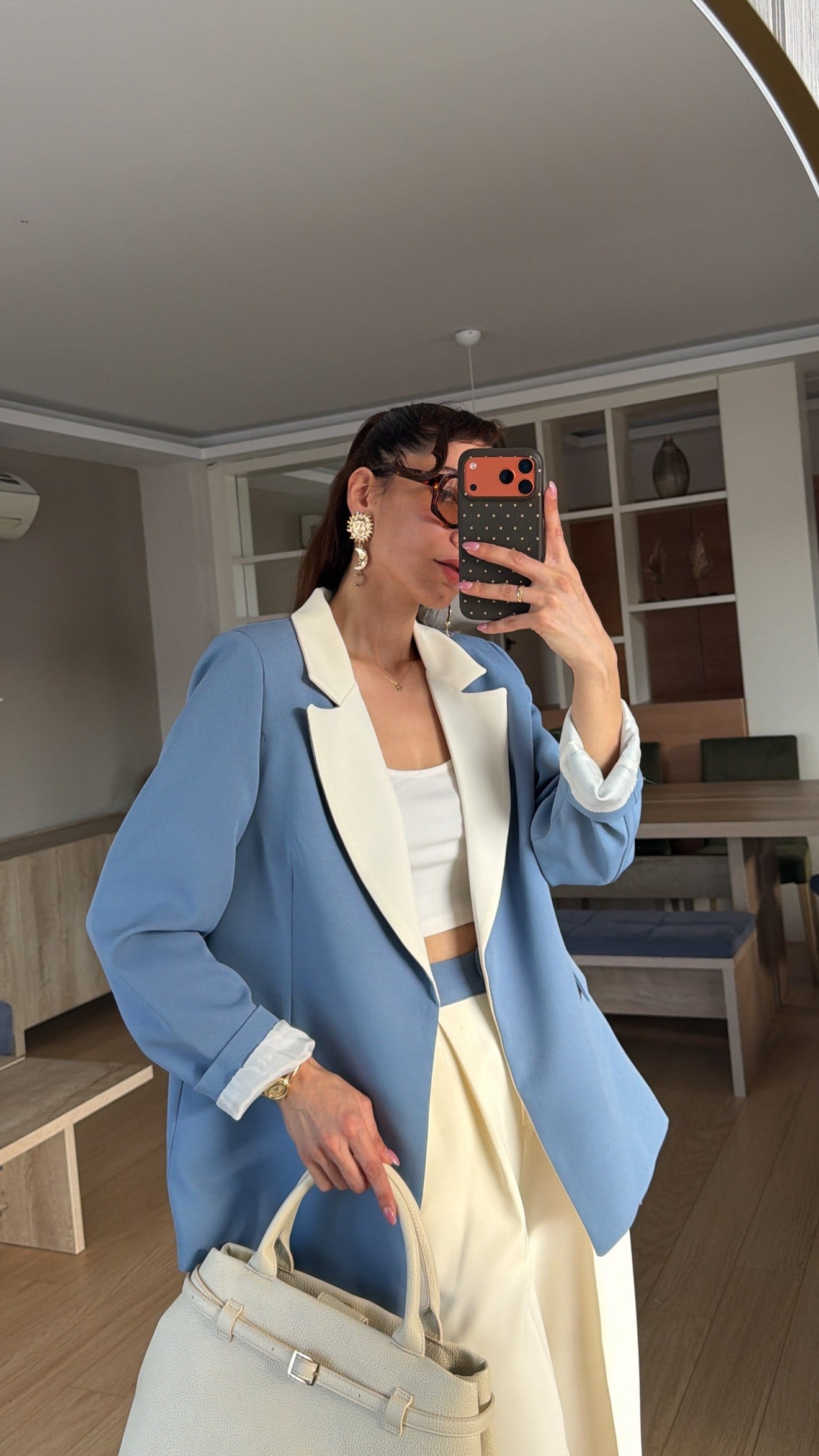 Alice Mavi Krem Geçişli Blazer Garnili Palazzo Takım Elbise 