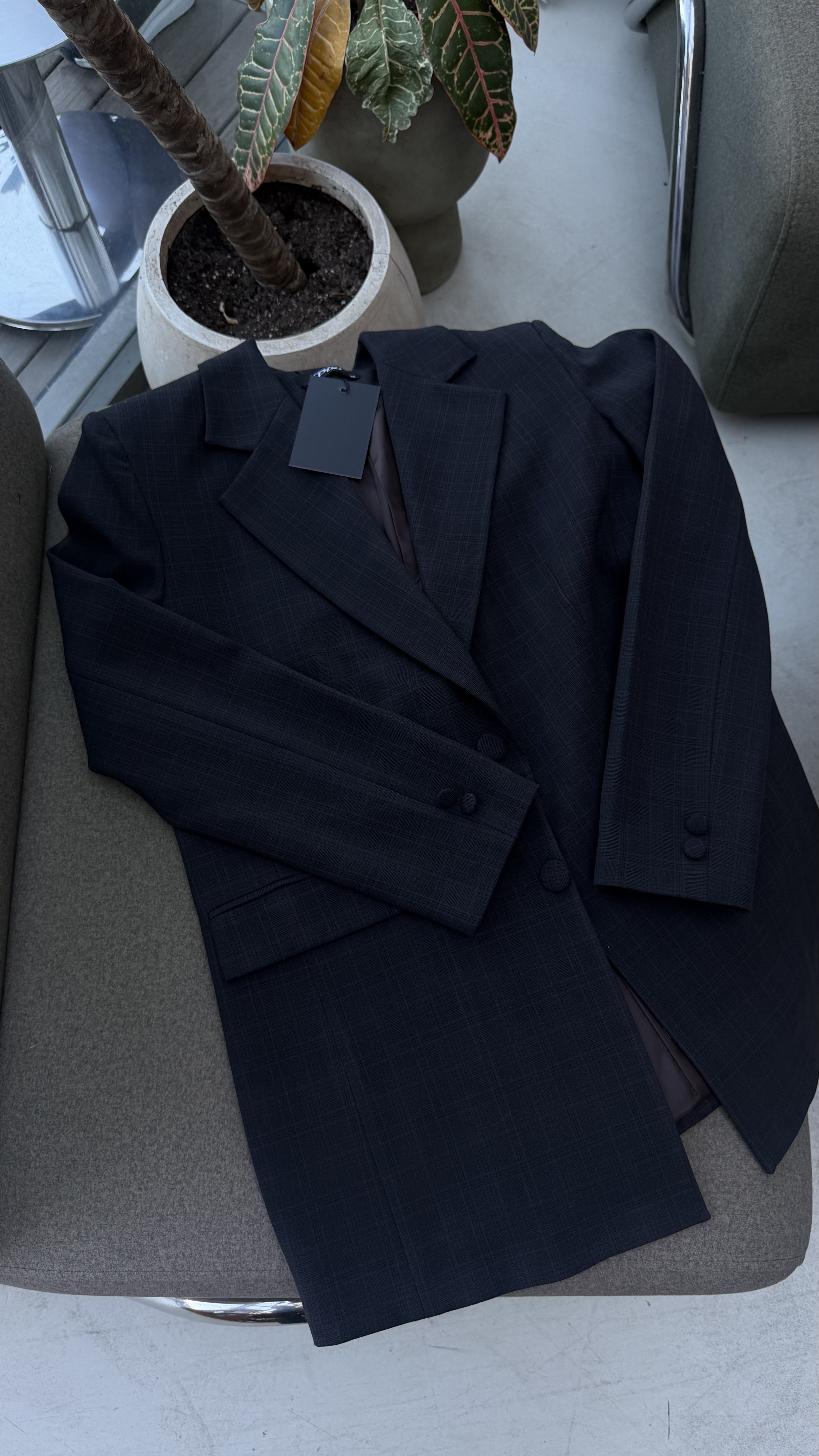 Antrasit Kahve Ekose Desen  Blazer Ceket 