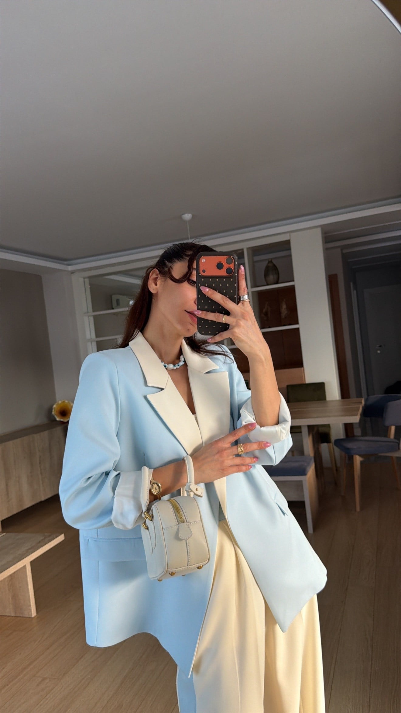 Bebe Mavi Krem Geçişli Blazer Garnili Palazzo Takım Elbise 