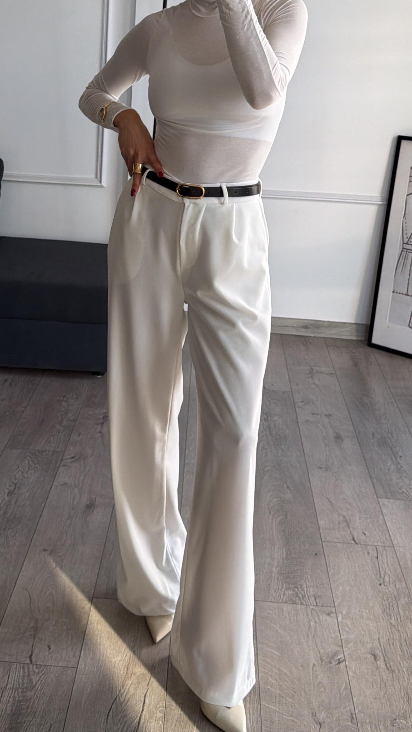 Beyaz  Beli Lastikli Kemerli Bol Pantolon