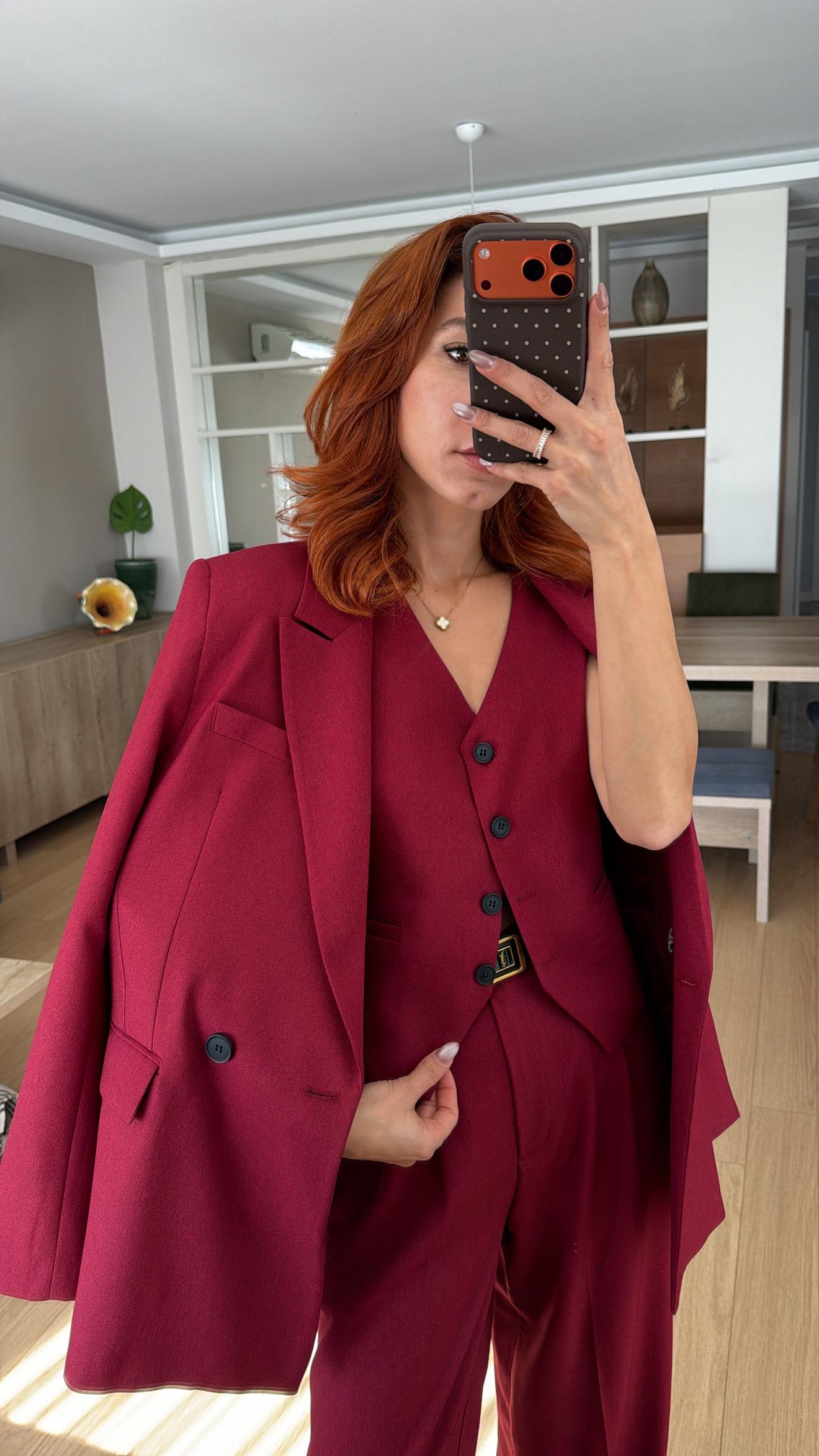 BORDO BEZAYAĞI KUMAŞ  YELEKLİ PİLE DETAY PALAZZO OVERSİZE CEKET 3LÜ TAKIM 