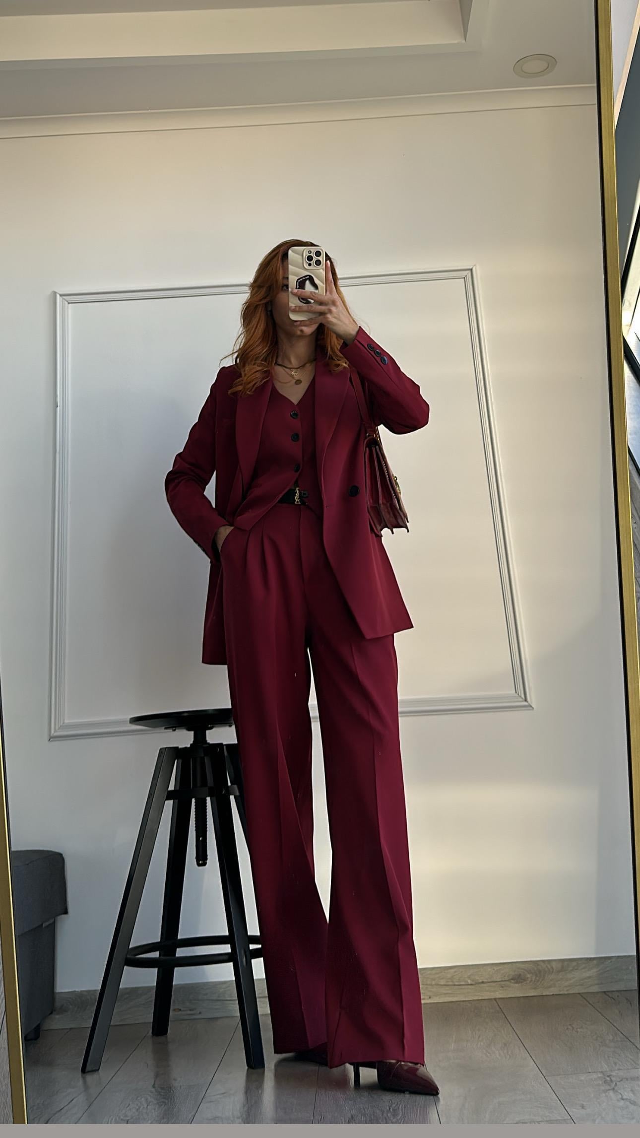 BORDO YELEKLİ PİLE DETAY PALAZZO OVERSİZE CEKET TAKIM ELBİSE 