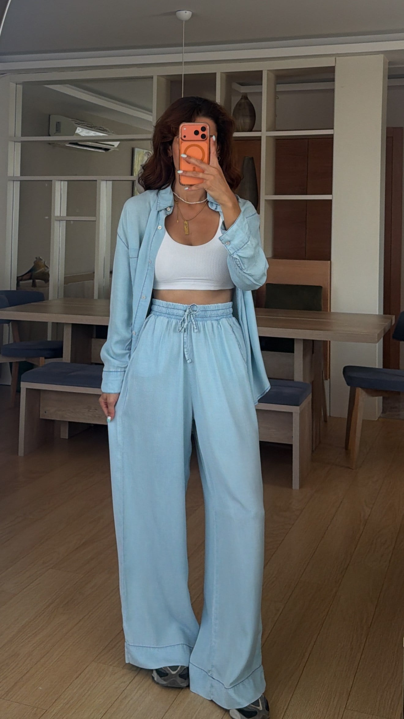 Buz Mavi Denim Tensel Gömlek Pantolon Takım 