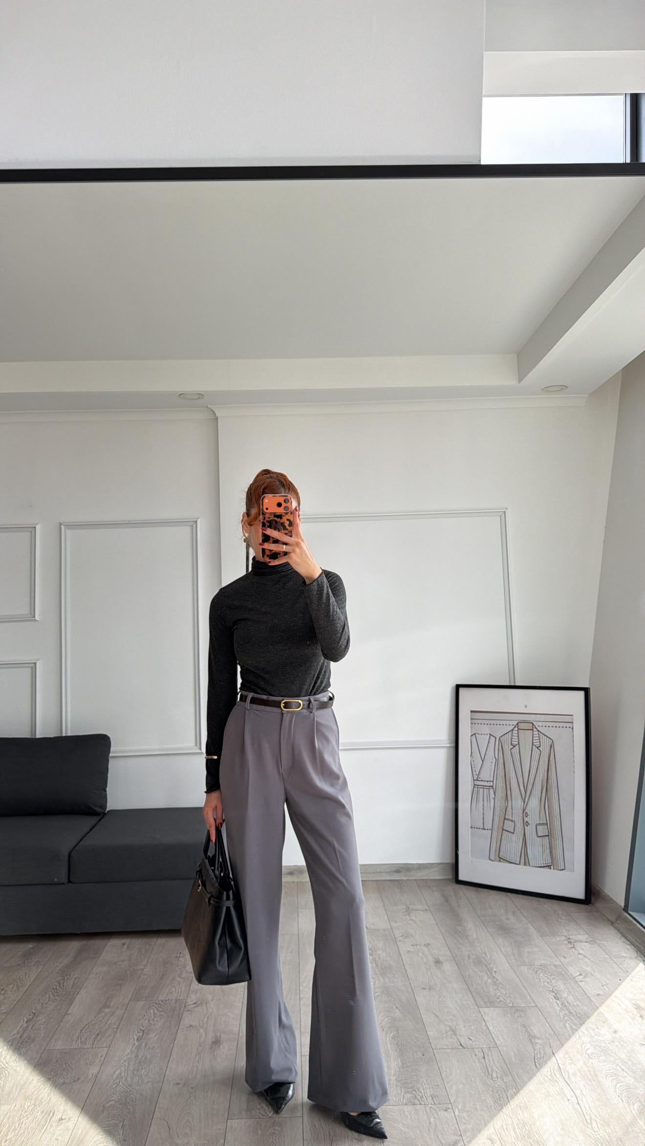Füme Beli Lastikli Kemerli Bol Pantolon