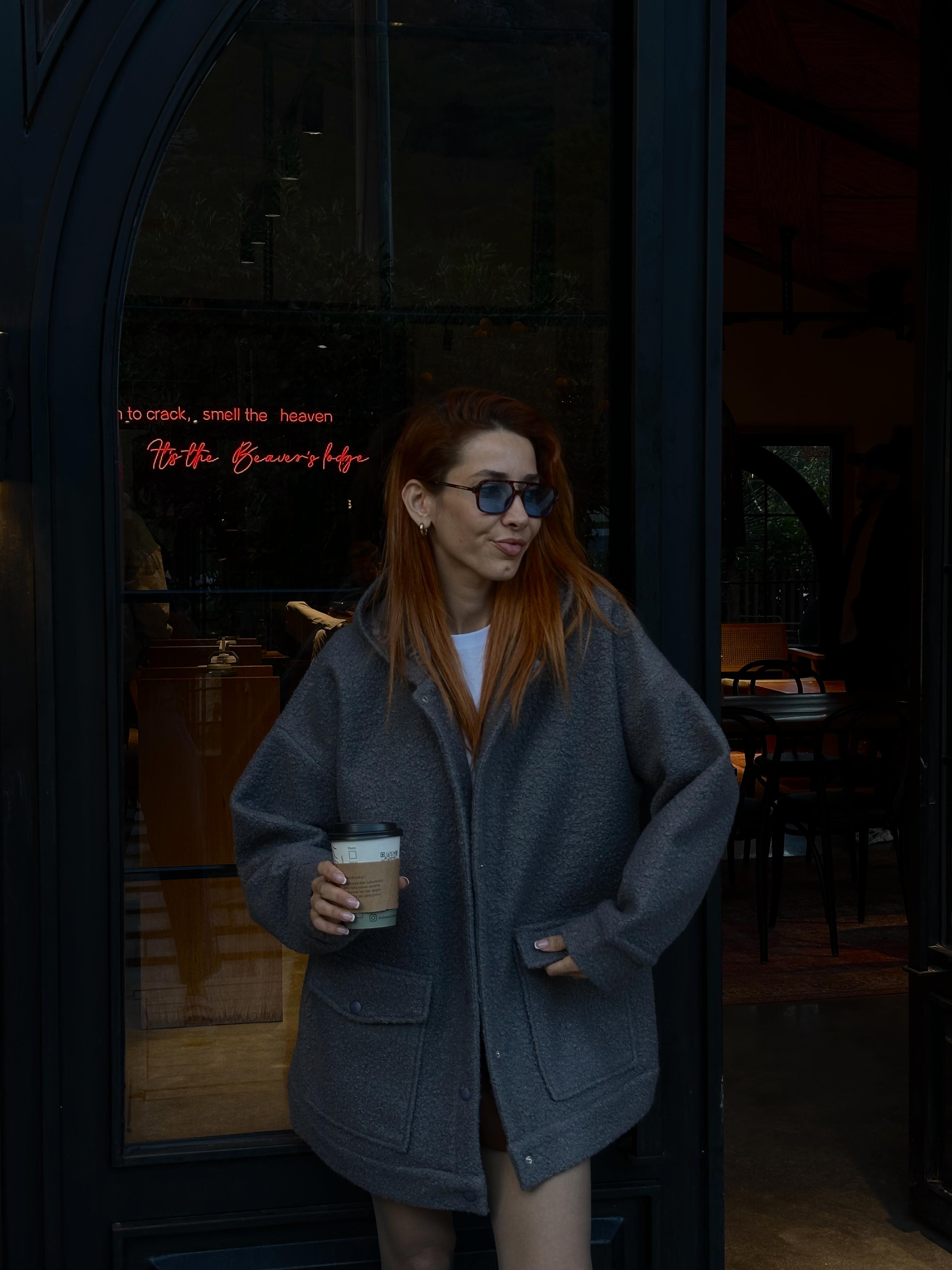 Füme Kısa Kalın Astarlı Teddy Kaban 