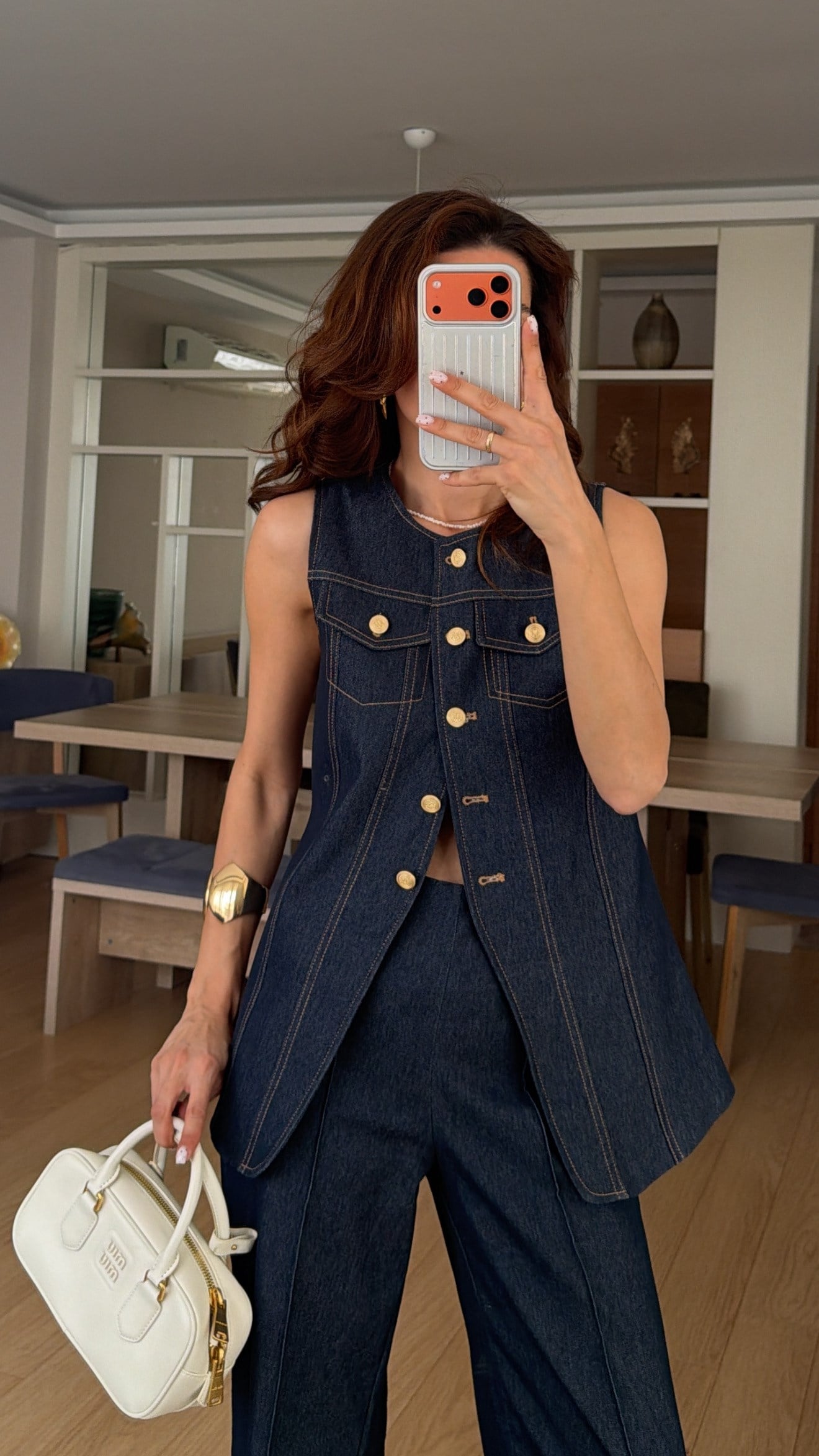 Gold Düğmeli Açık Lacivert Denim Takım 