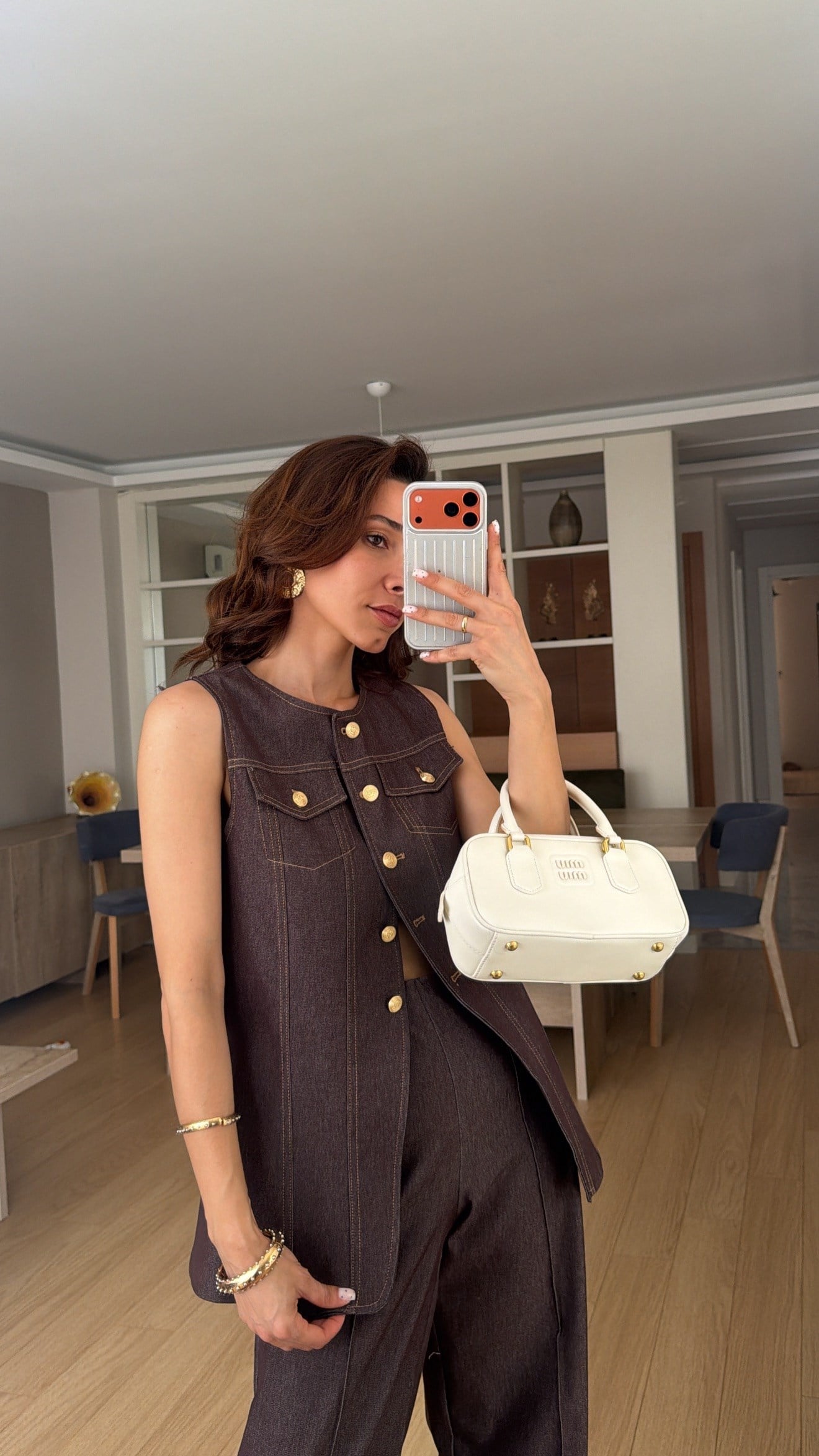Gold Düğmeli Kahve Denim Takım 