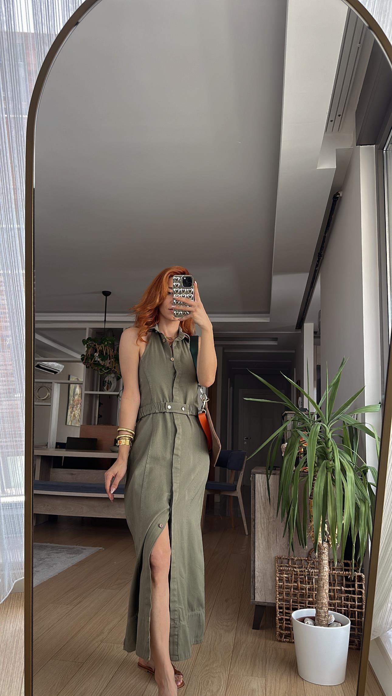 Haki Sırt Dekolte Yıkamalı Keten Gabardin Kruvaze Elbise3