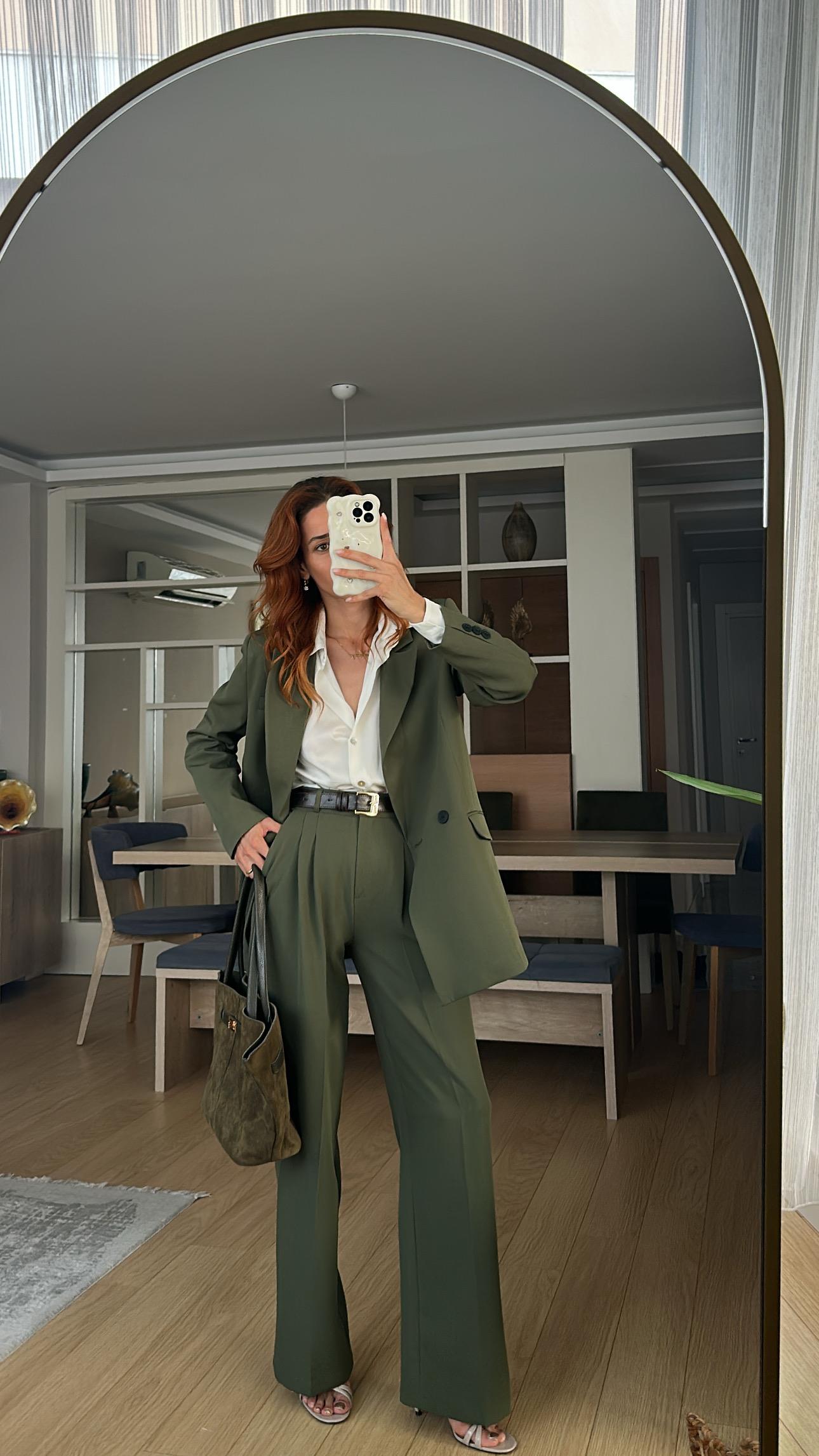 HAKİ YEŞİLİ PİLE DETAY PALAZZO PANTOLON  OVERSİZE  ASTARLI CEKET TAKIM ELBİSE 