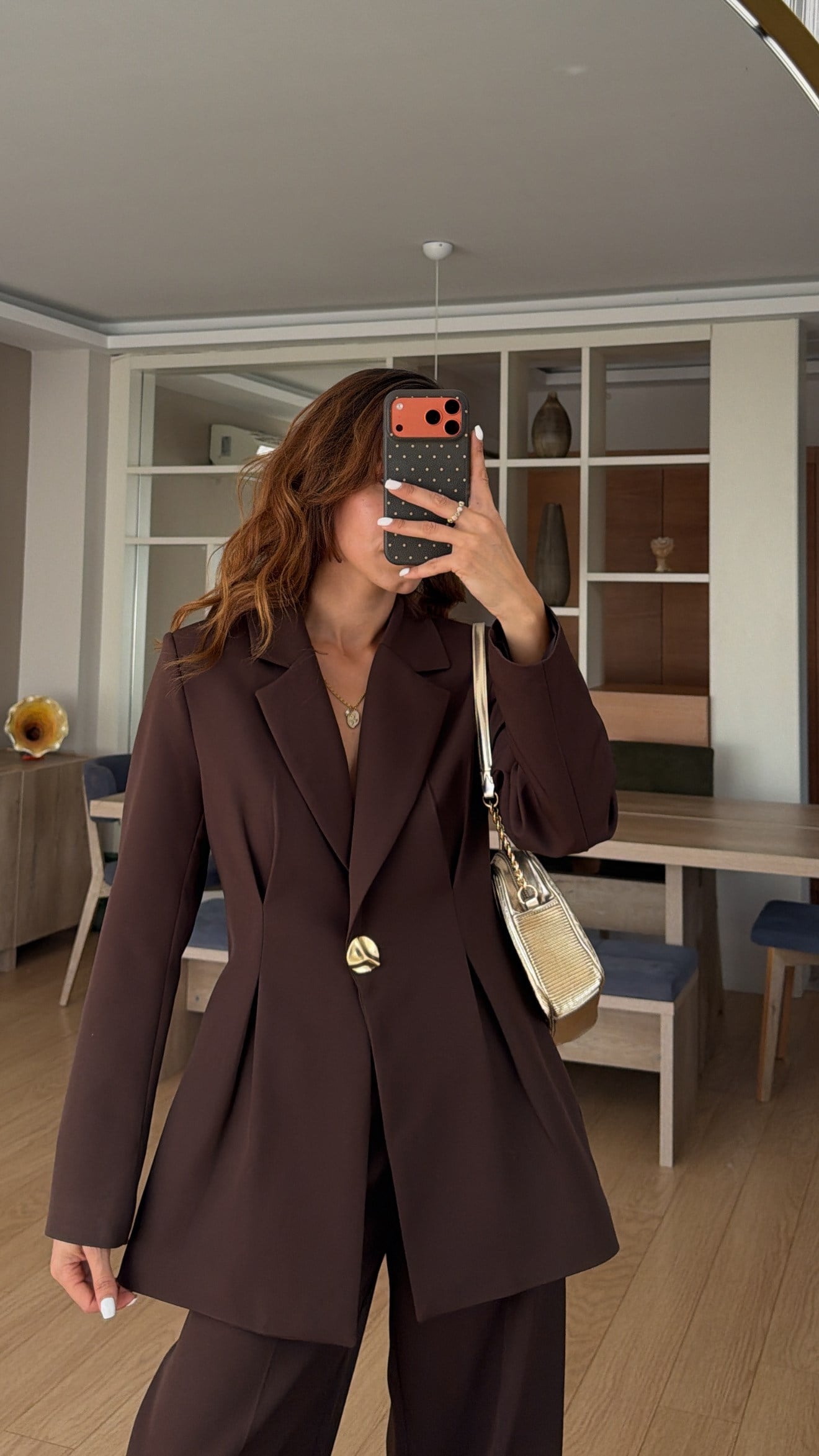 Kahve Belden Oturtma Gold Düğme Ceket Takım 
