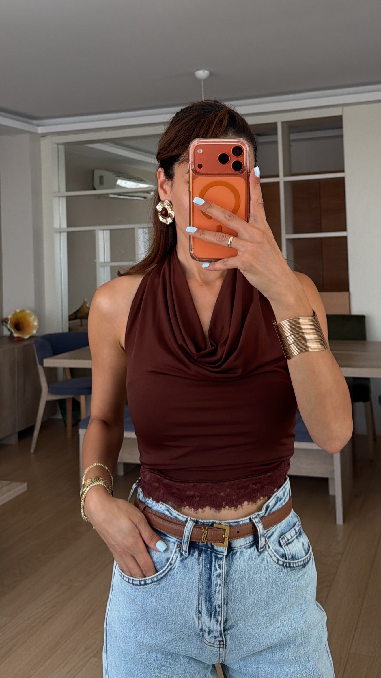 Kahve  Dantel Detay Bluz 