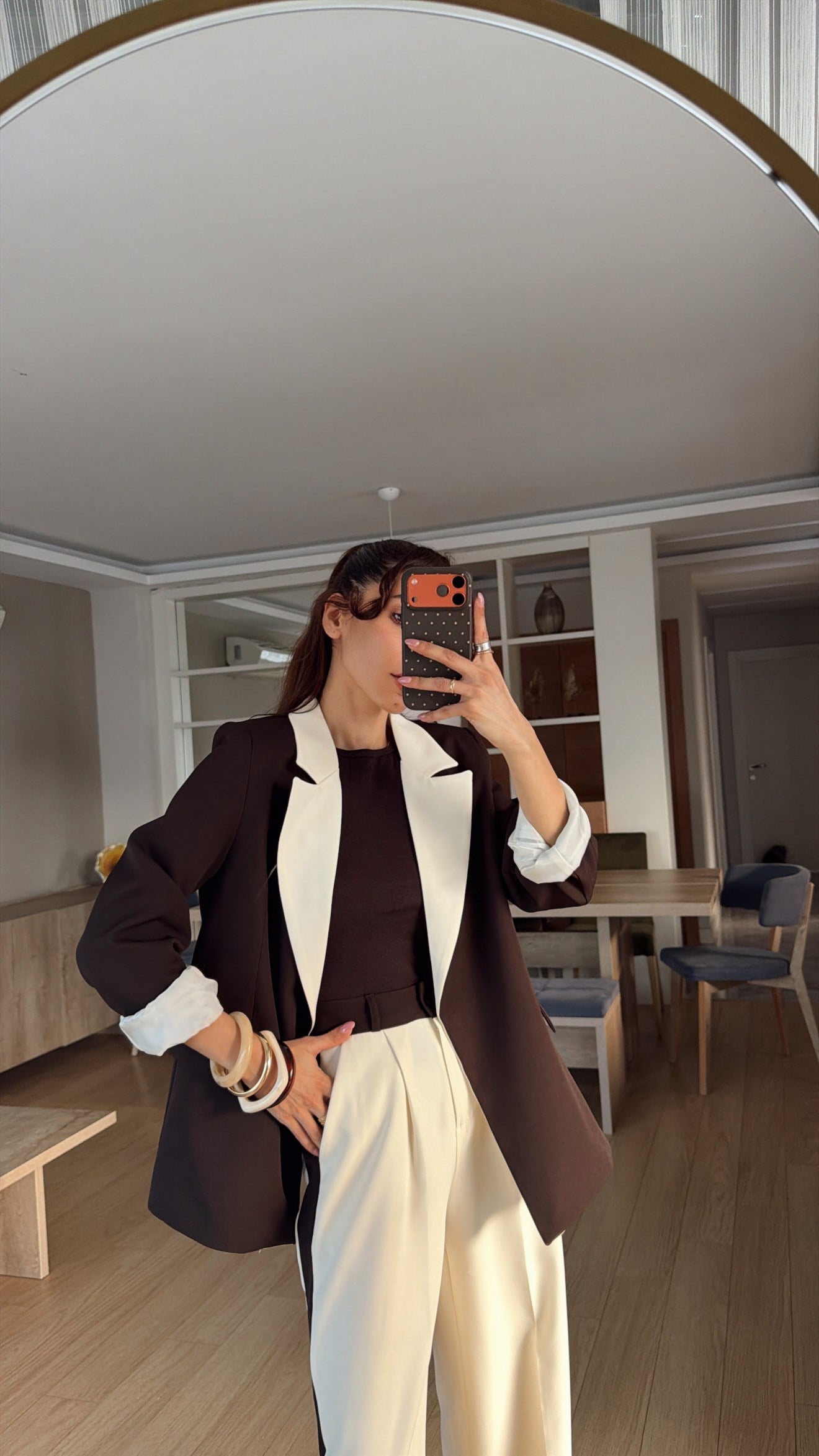 Kahve  Krem Geçişli Blazer Garnili Palazzo Takım Elbise 