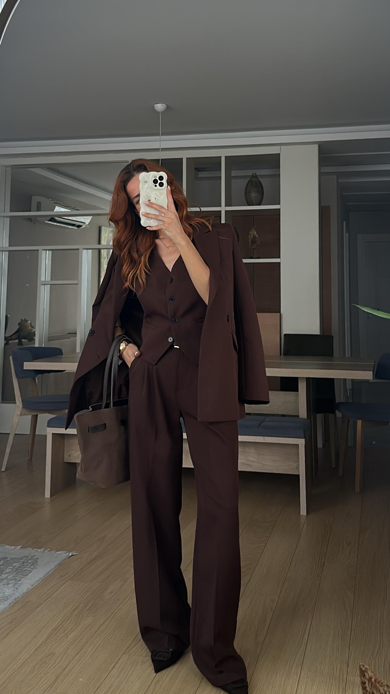 KAHVE YELEKLİ  PALAZZO OVERSİZE CEKET TAKIM ELBİSE1 