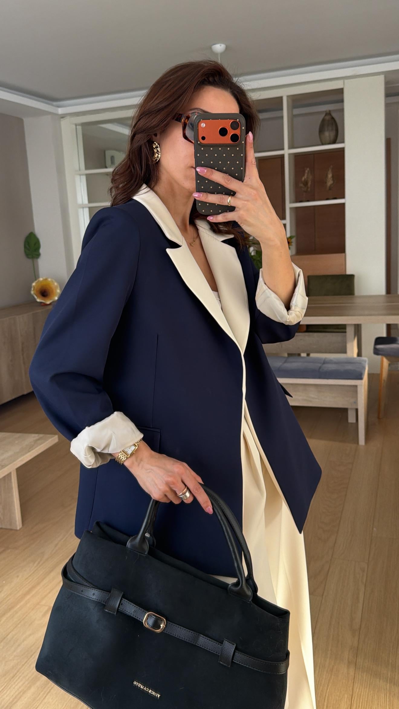 Lacivert Krem Geçişli Blazer Garnili Palazzo Takım Elbise 