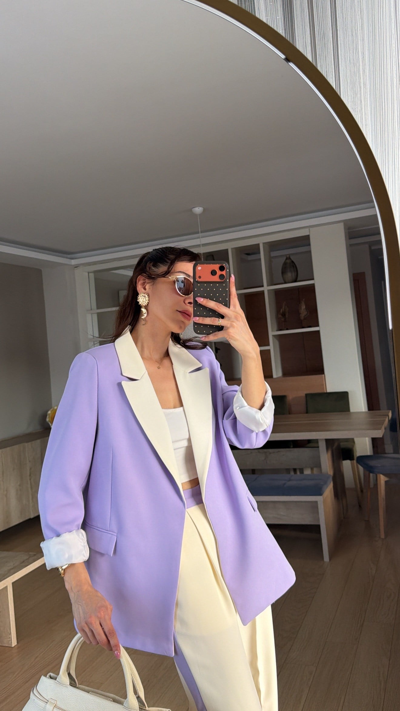 Lila Krem Geçişli Blazer Garnili Palazzo Takım Elbise 