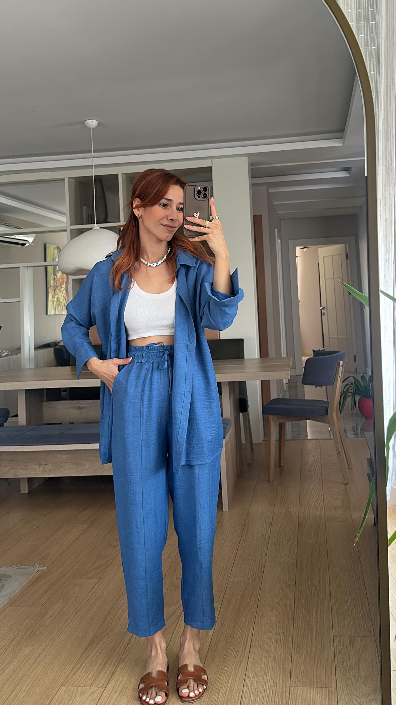 Mavi Bel Lastik Pantolon Gömlek Takım 