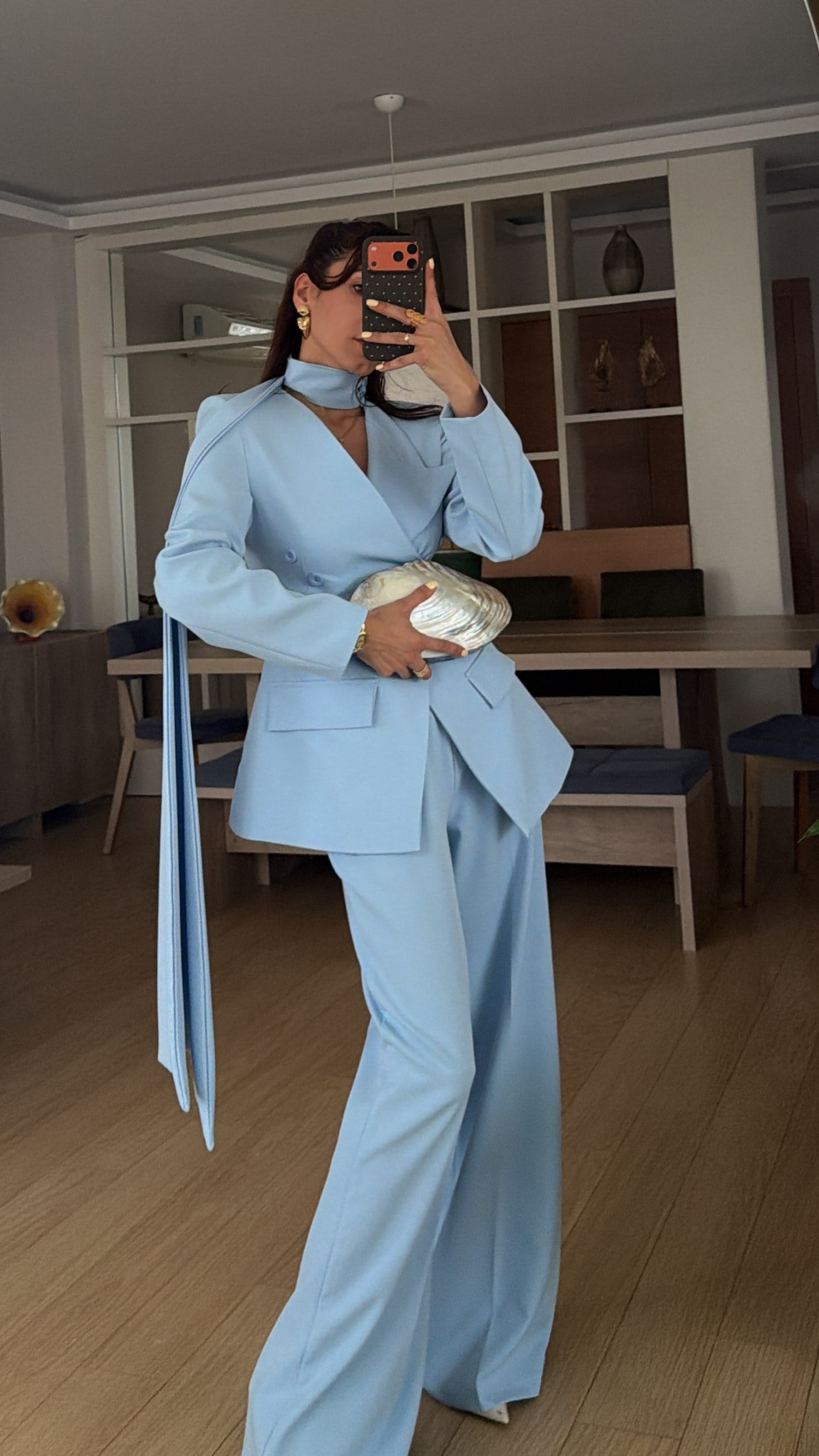 Mavi Belden Oturtma Ceket Palazzo Takım Şal Aksesuarlı 