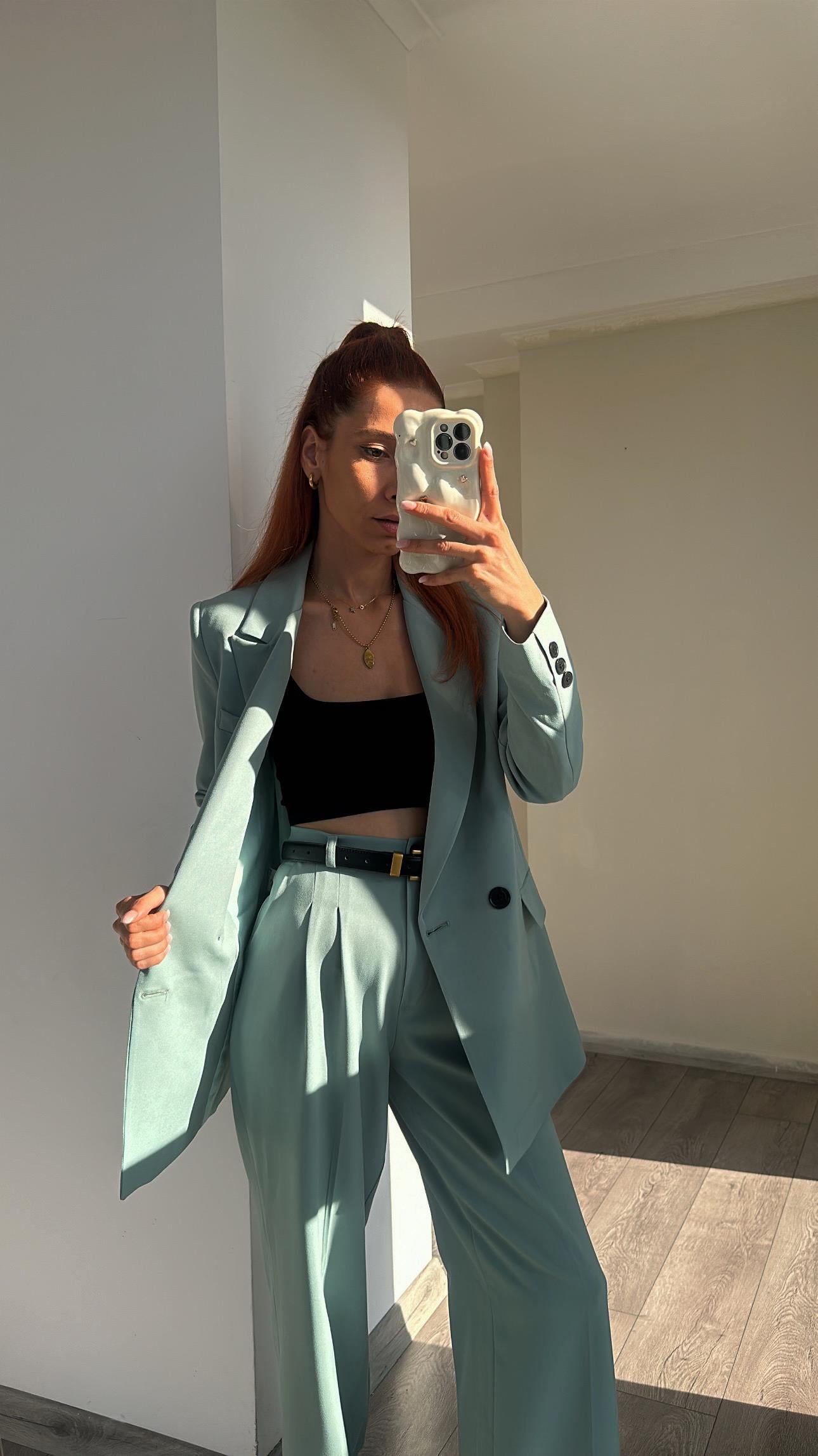 MİNT YEŞİL PİLE DETAY PALAZZO PANTOLON  OVERSİZE  ASTARLI CEKET TAKIM ELBİSE 