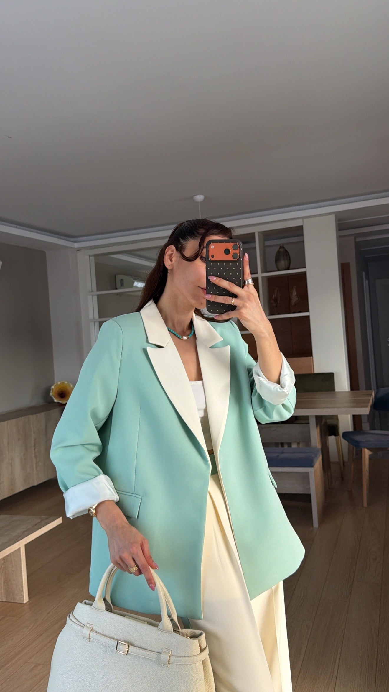 Mint Yeşili Krem Geçişli Blazer Garnili Palazzo Takım Elbise 
