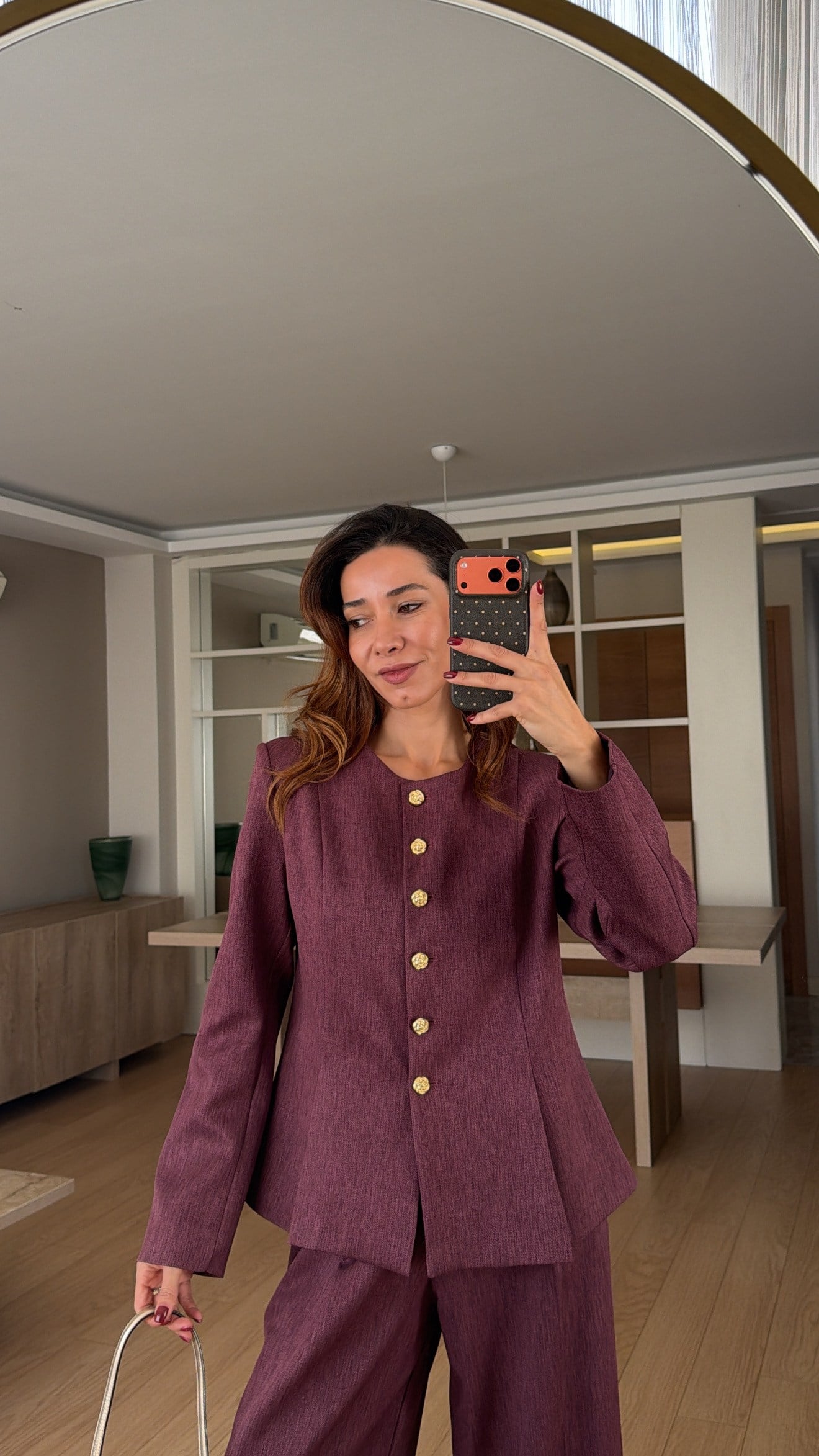 Mürdüm Gold Çiçek Düğmeli Pileli Ceket Cepli Pileli Pantolon Takım 