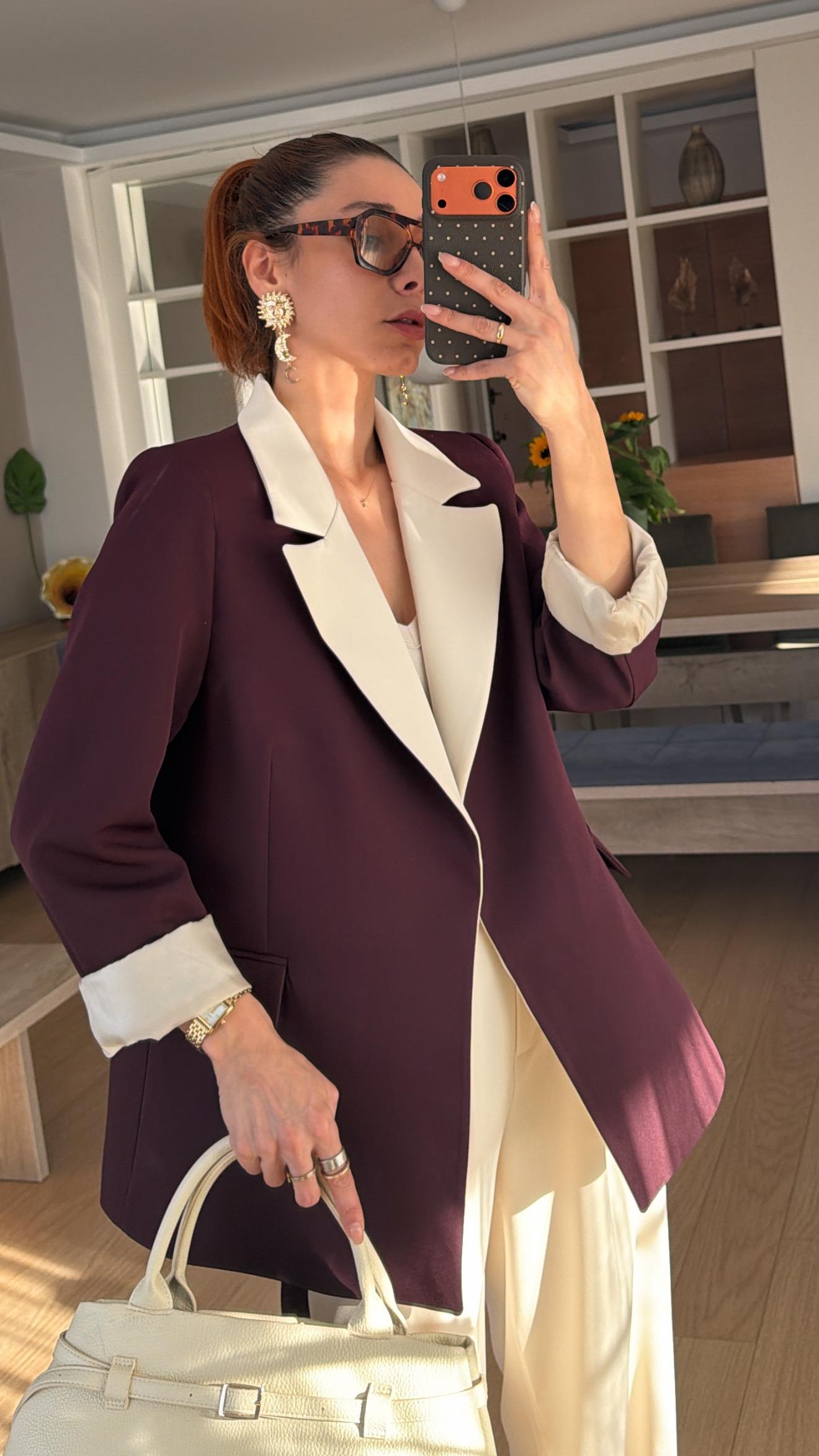 Mürdüm Krem Geçişli Blazer Garnili Palazzo Takım Elbise 