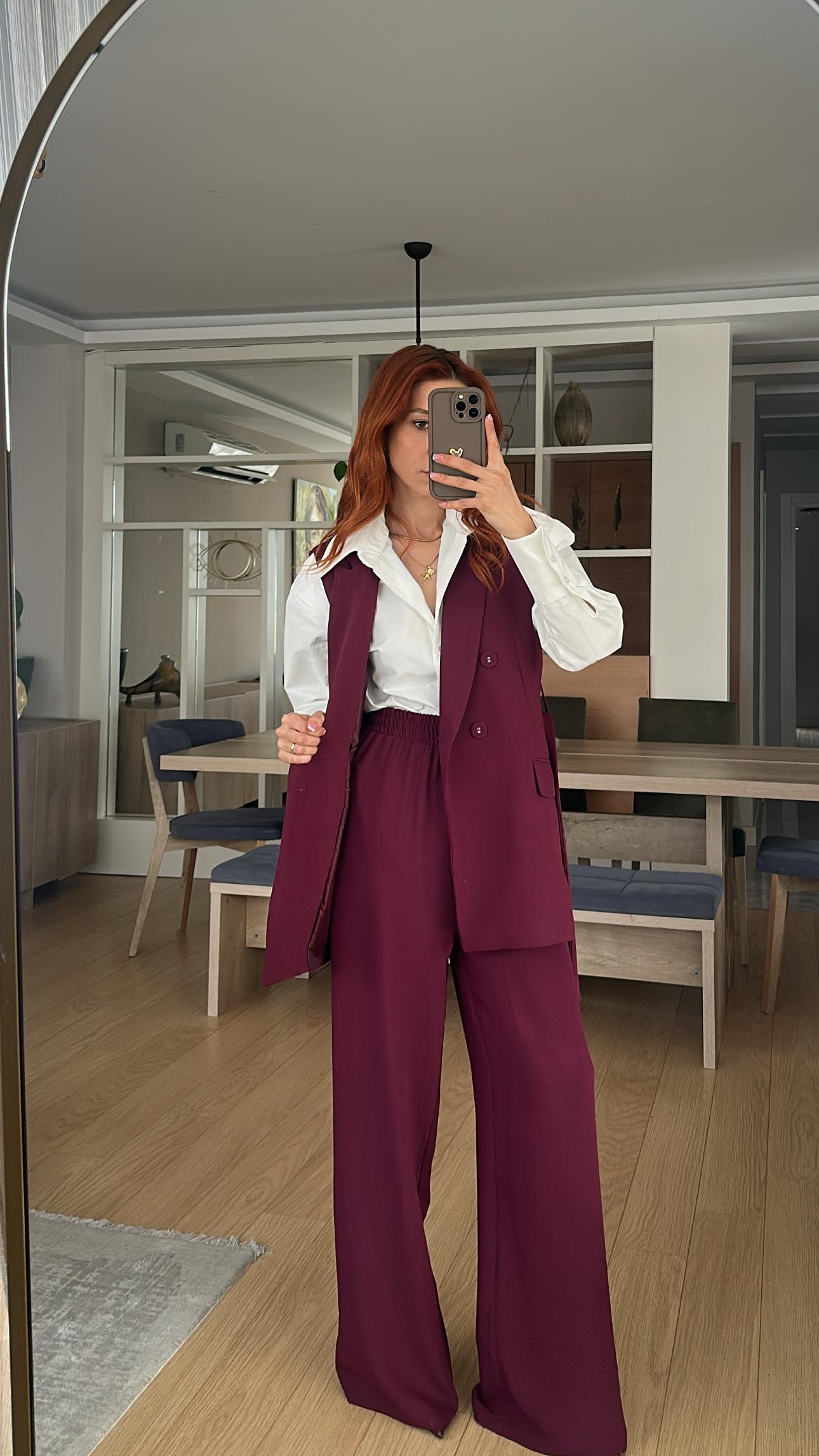 Mürdüm Uzun Kuşaklı Yelek Bel lastik Pantolon Takım 