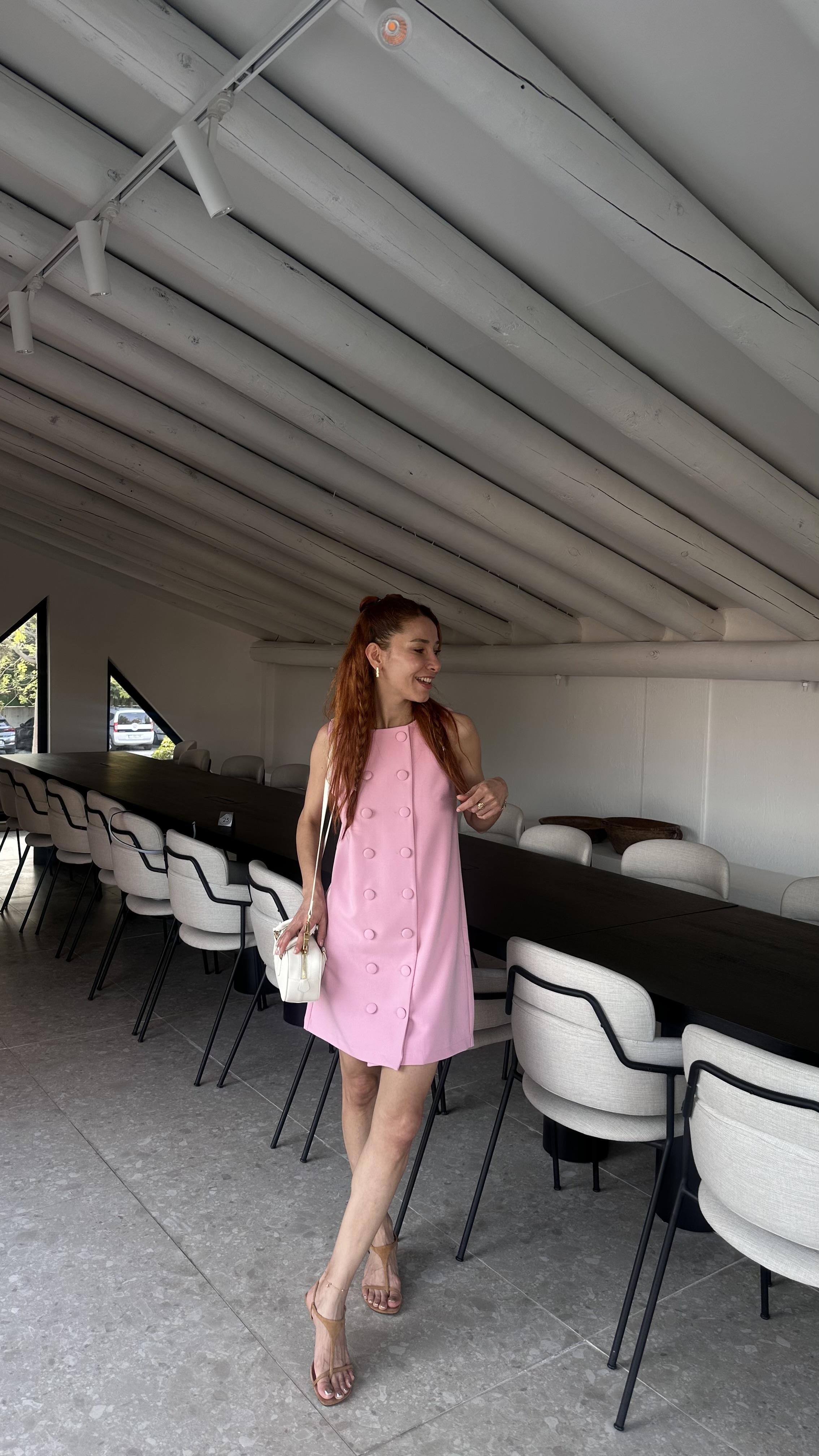 Pembe Önden Düğme Görünüm Detay Arka Fermuarlı Midi Boy Ekbise 