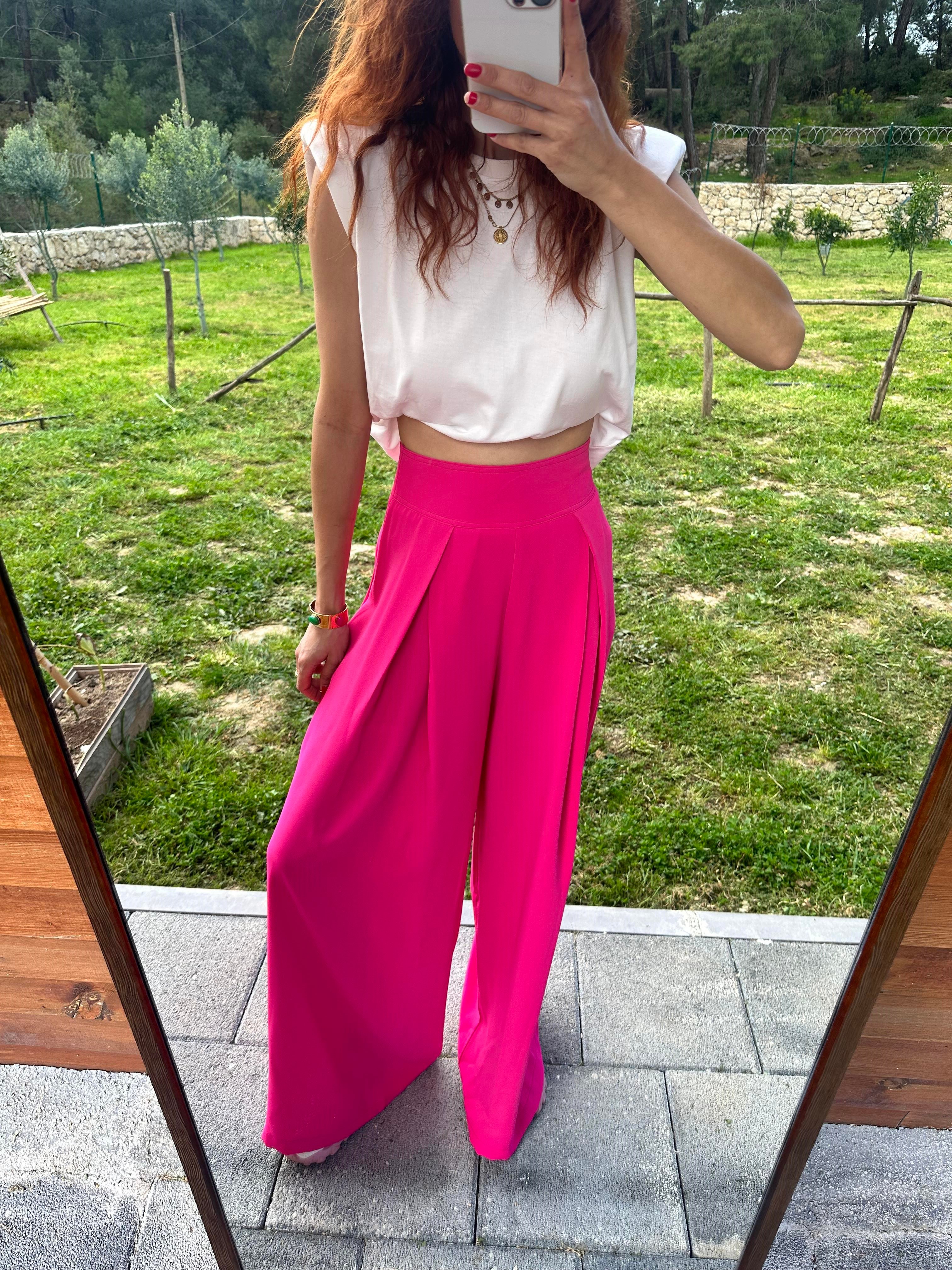 Pembe  Pile Detay Palazzo Pantolon Geniş Paça Orjinal Marka ZRA1