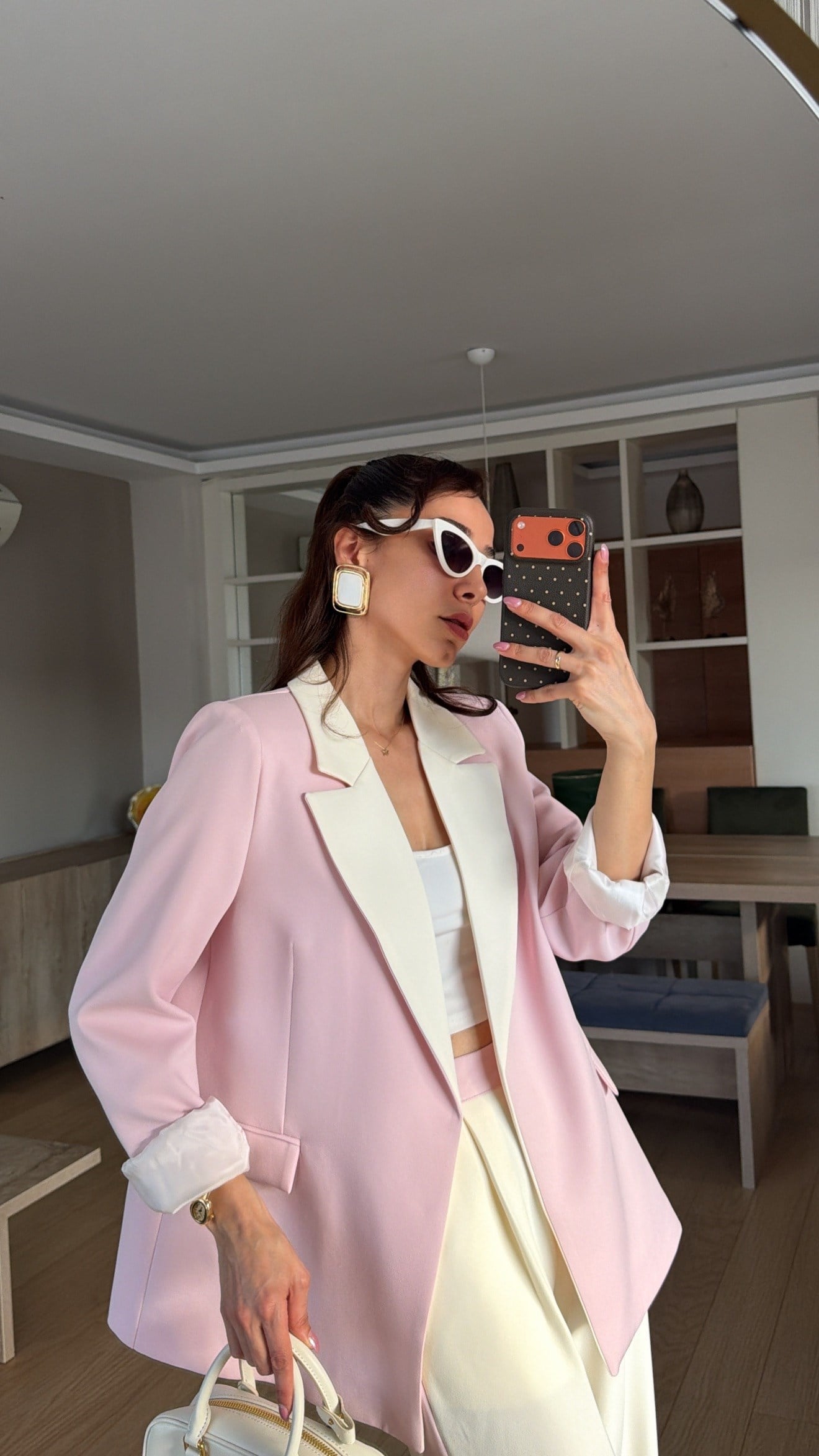 Pudra Krem Geçişli Blazer Garnili Palazzo Takım Elbise 