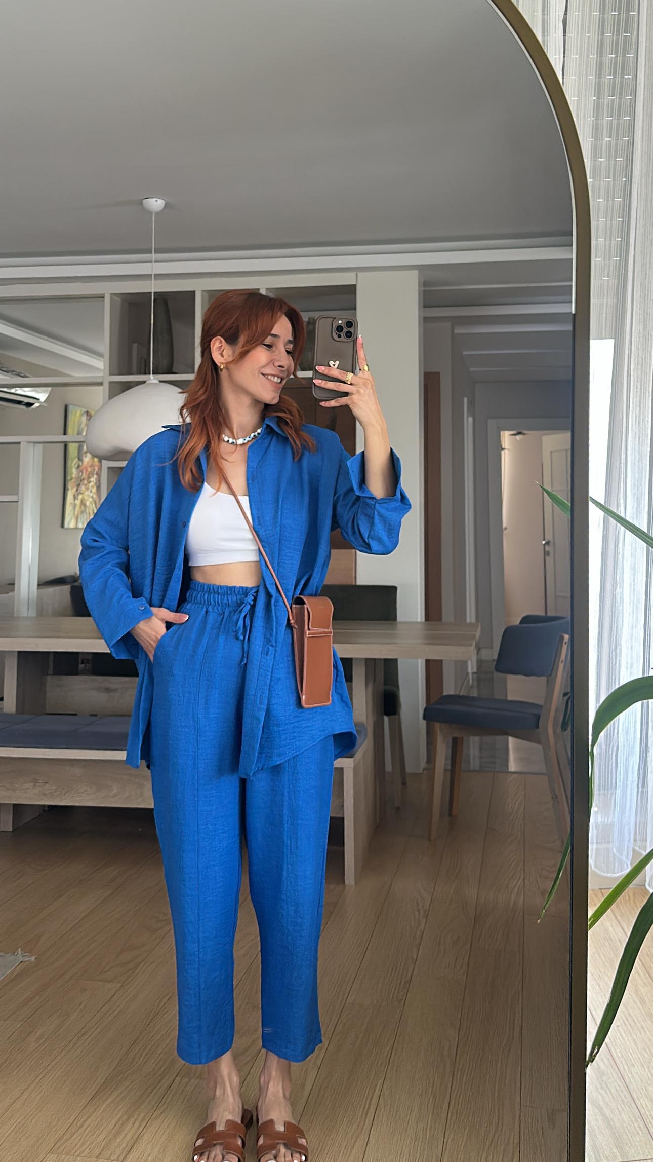 Saks Mavi Bel Lastik Pantolon Gömlek Takım 