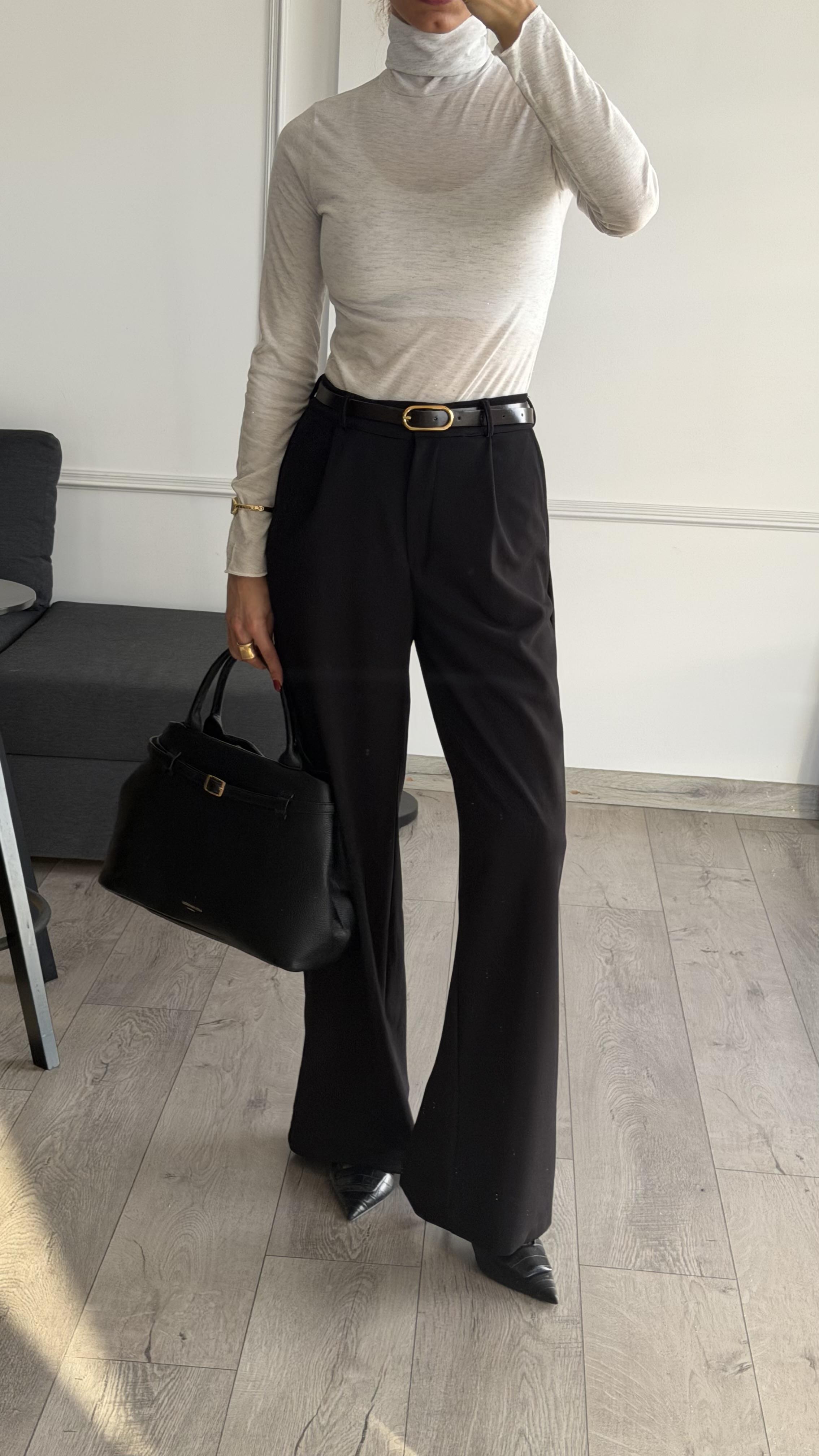 Siyah Beli Lastikli Kemerli Bol Pantolon