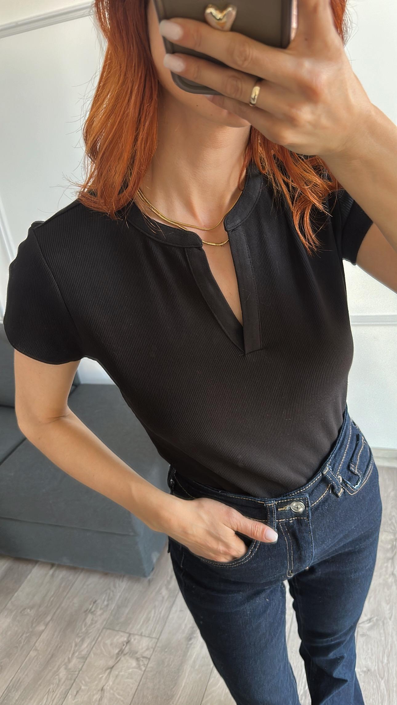 Siyah Damla Yaka Cotton Tshirt