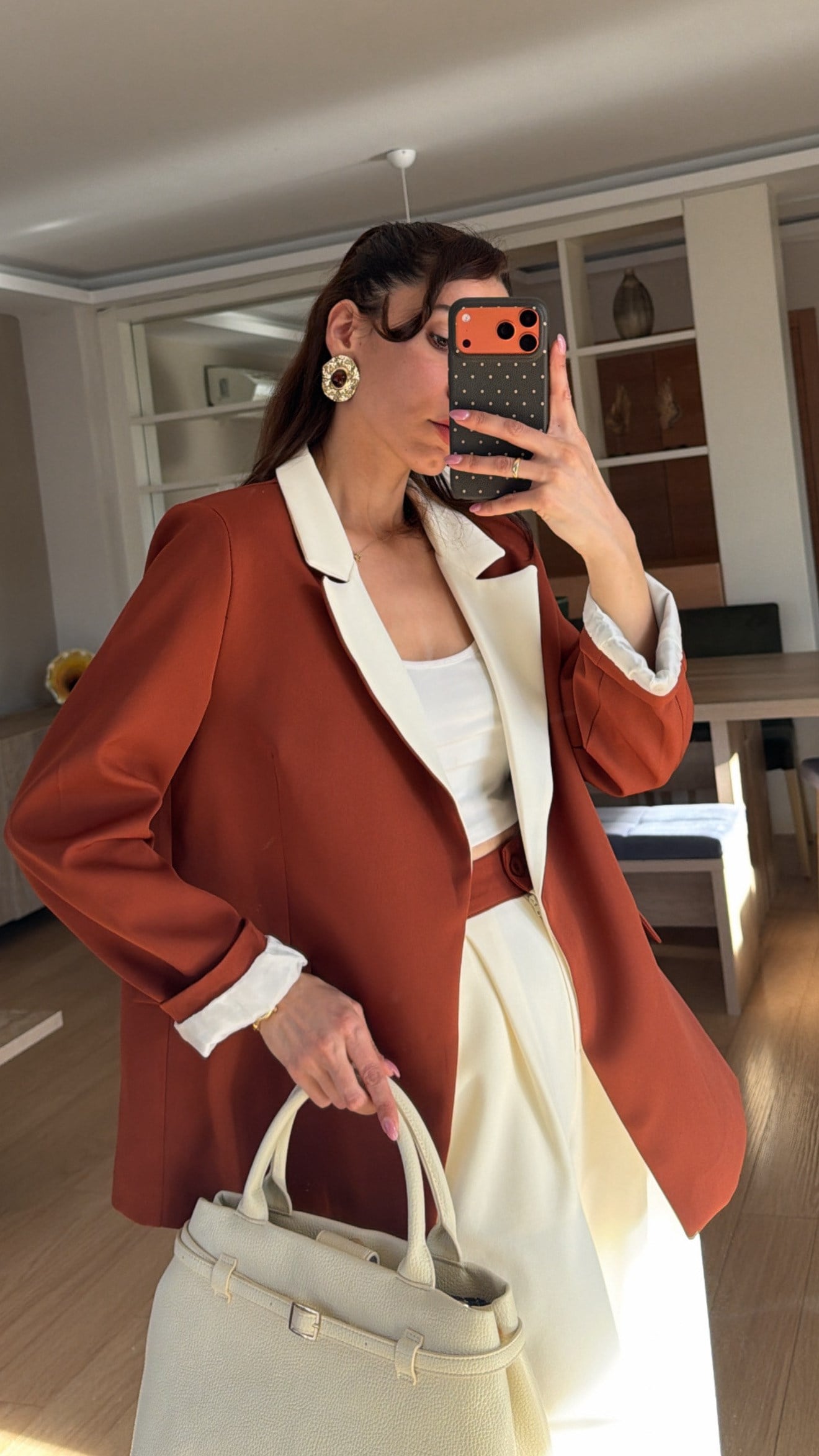 Tarçın Krem Geçişli Blazer Garnili Palazzo Takım Elbise 