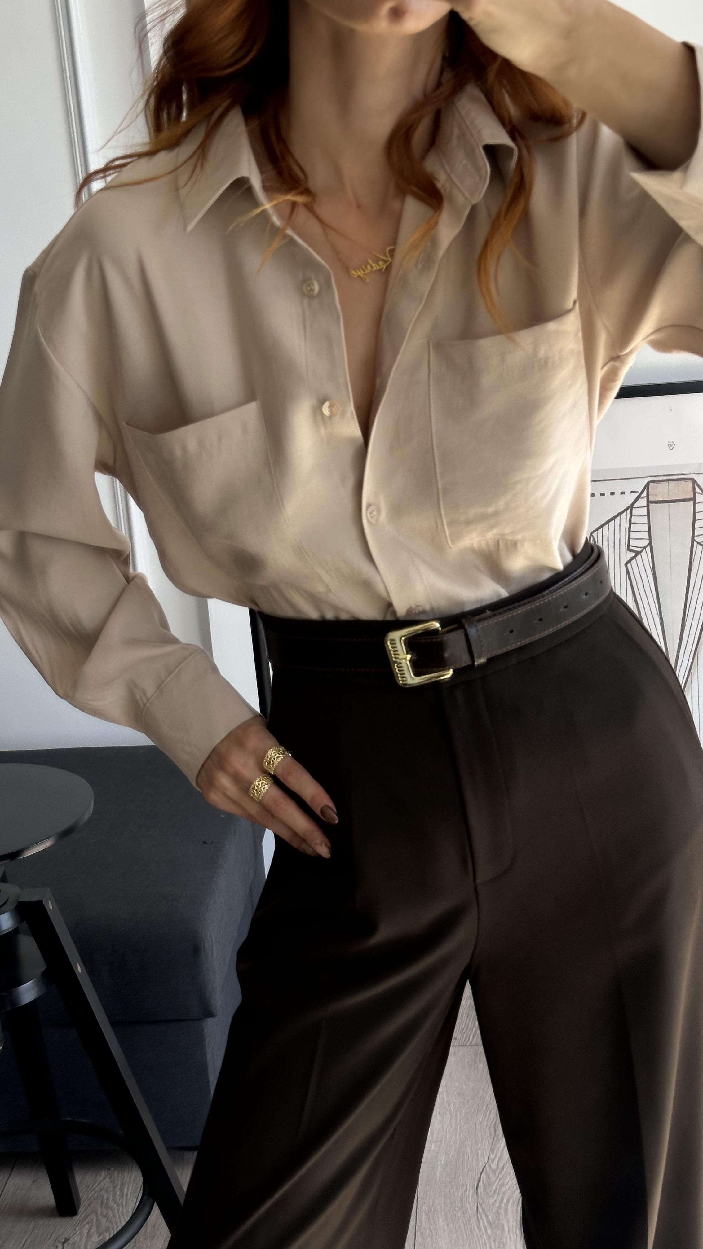 Tensel  Kumaş Dökümlü Bej Gömlek 