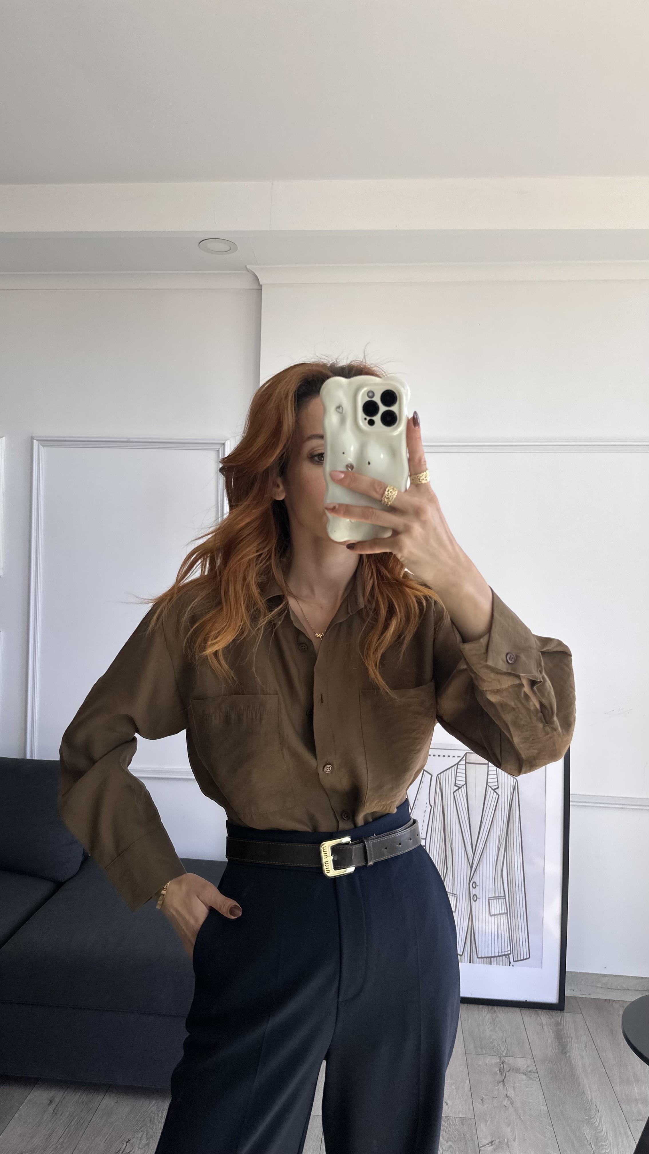 Tensel  Kumaş Dökümlü Haki Gömlek 