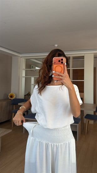 Beyaz  Lastikli Bluz Şalvar Pantolon Takım1 