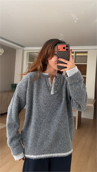 Gri Henley Yaka Yün Karışım Düğmeli Triko  
