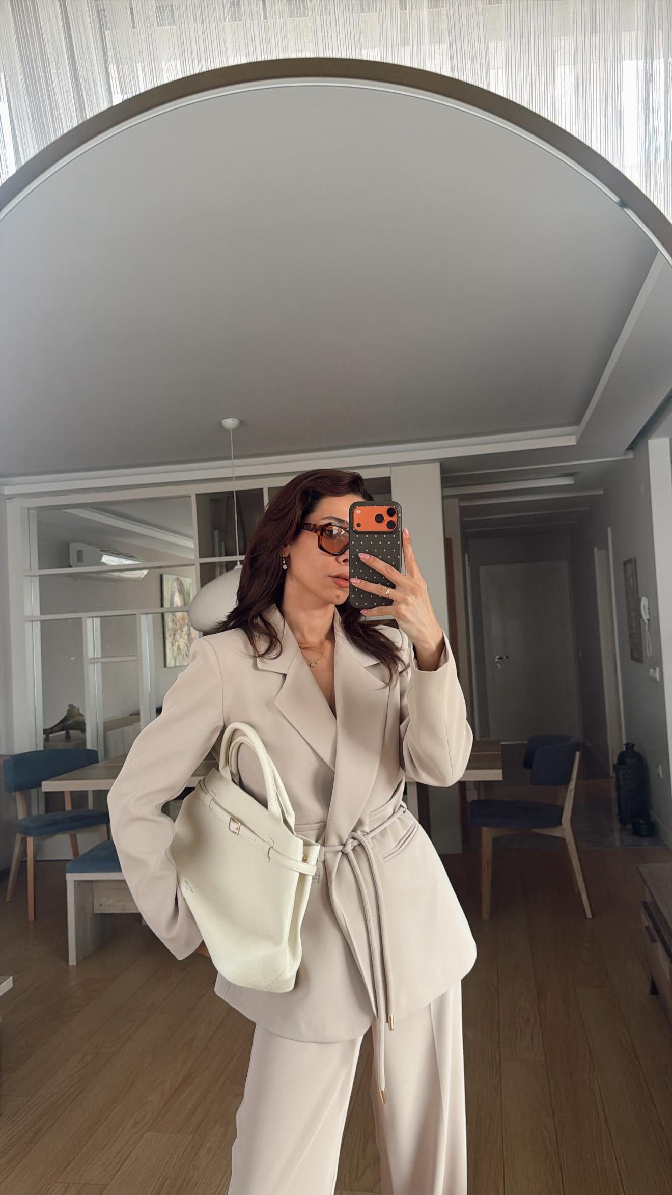 Açık Nude  Bağlamalı Ceket Bel Lastik Pantolon Takım Elbisei