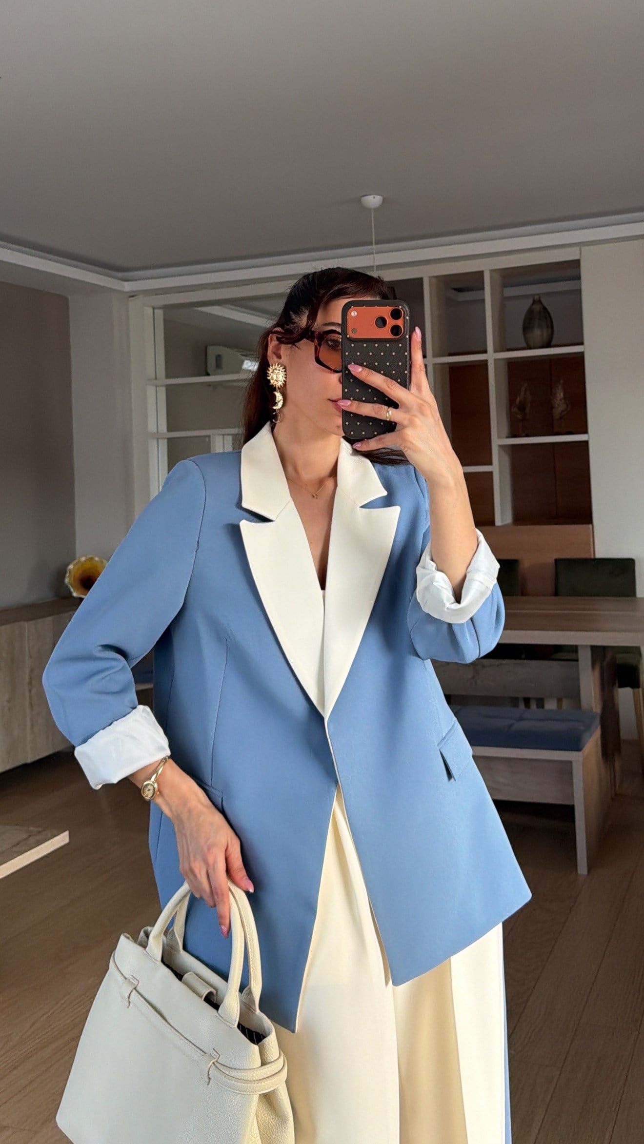 Alice Mavi Krem Geçişli Blazer Garnili Palazzo Takım Elbise 