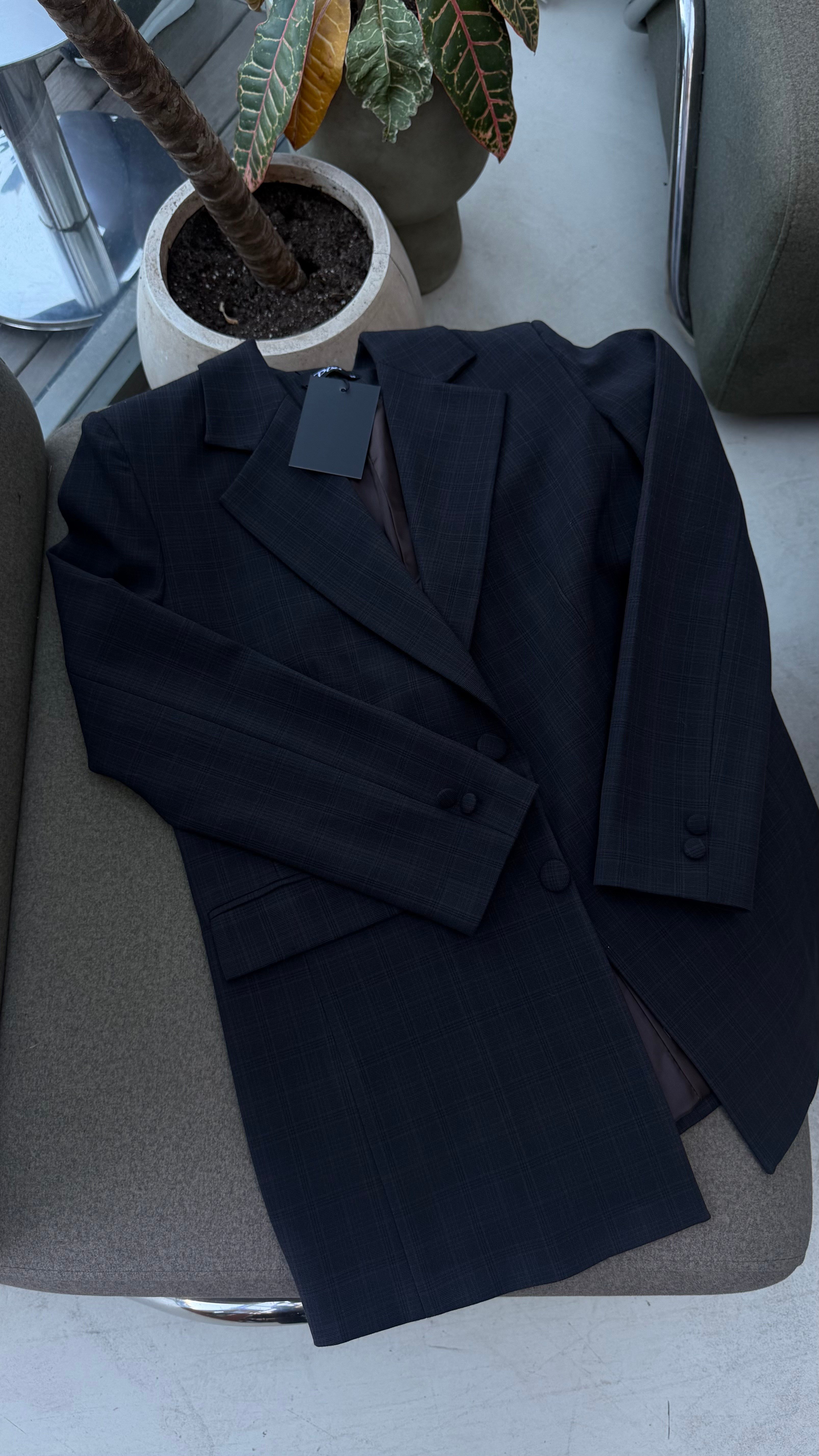 Antrasit Kahve Ekose Desen  Blazer Ceket 