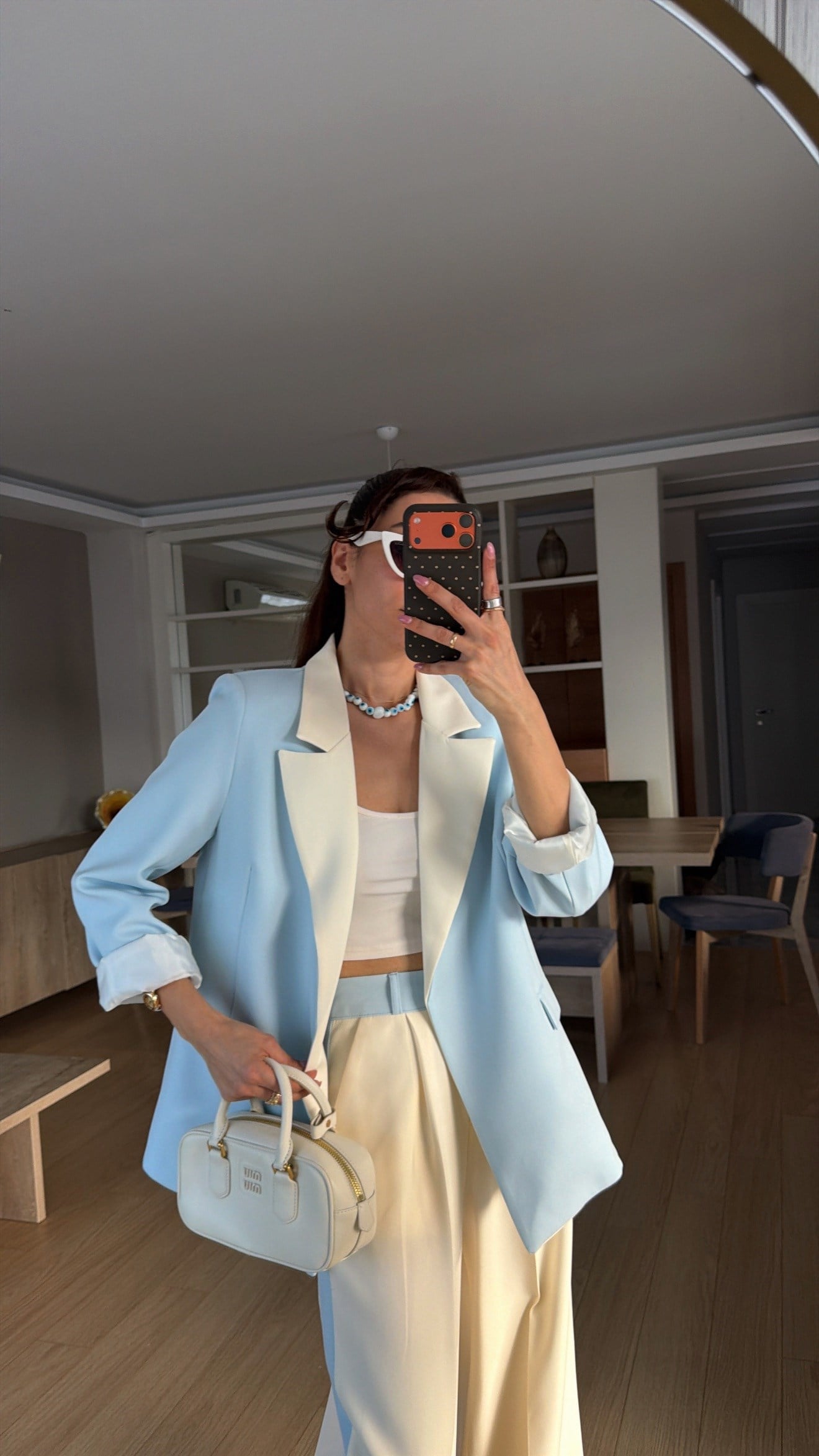 Bebe Mavi Krem Geçişli Blazer Garnili Palazzo Takım Elbise 